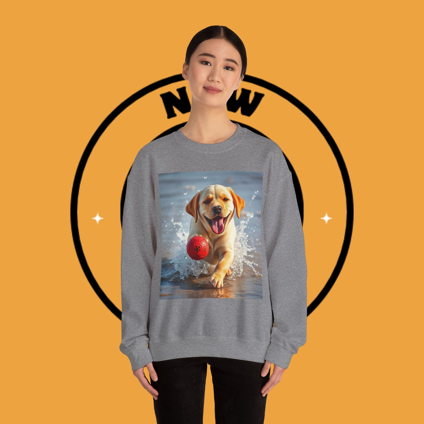 Unisex Dog Lover Crewneck Sweatshirt Labrador Puppy Playing with a Ball on the Beach - Photo of a Happy Dog Running in the Water