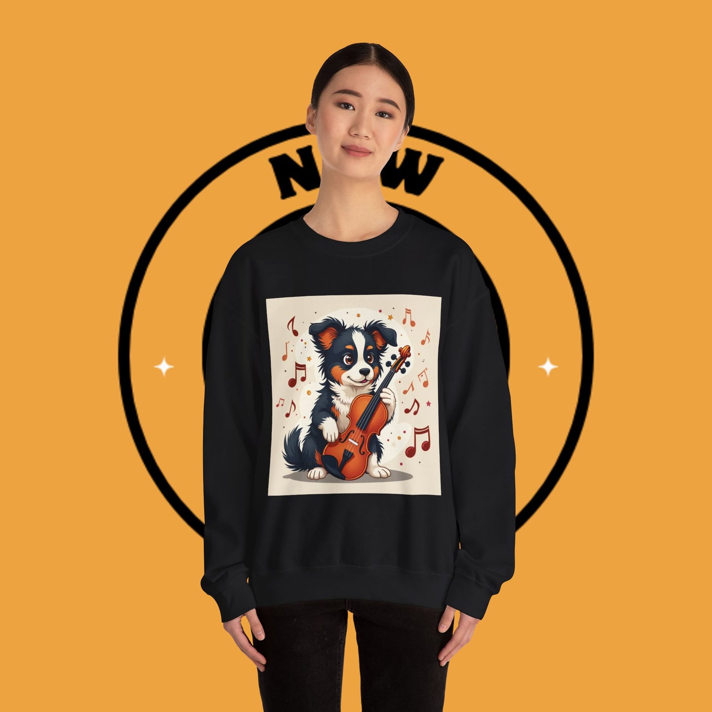 Music Dog Crewneck Sweatshirt - Cute Puppy Violinist with Musical Notes Design | Musician Gift