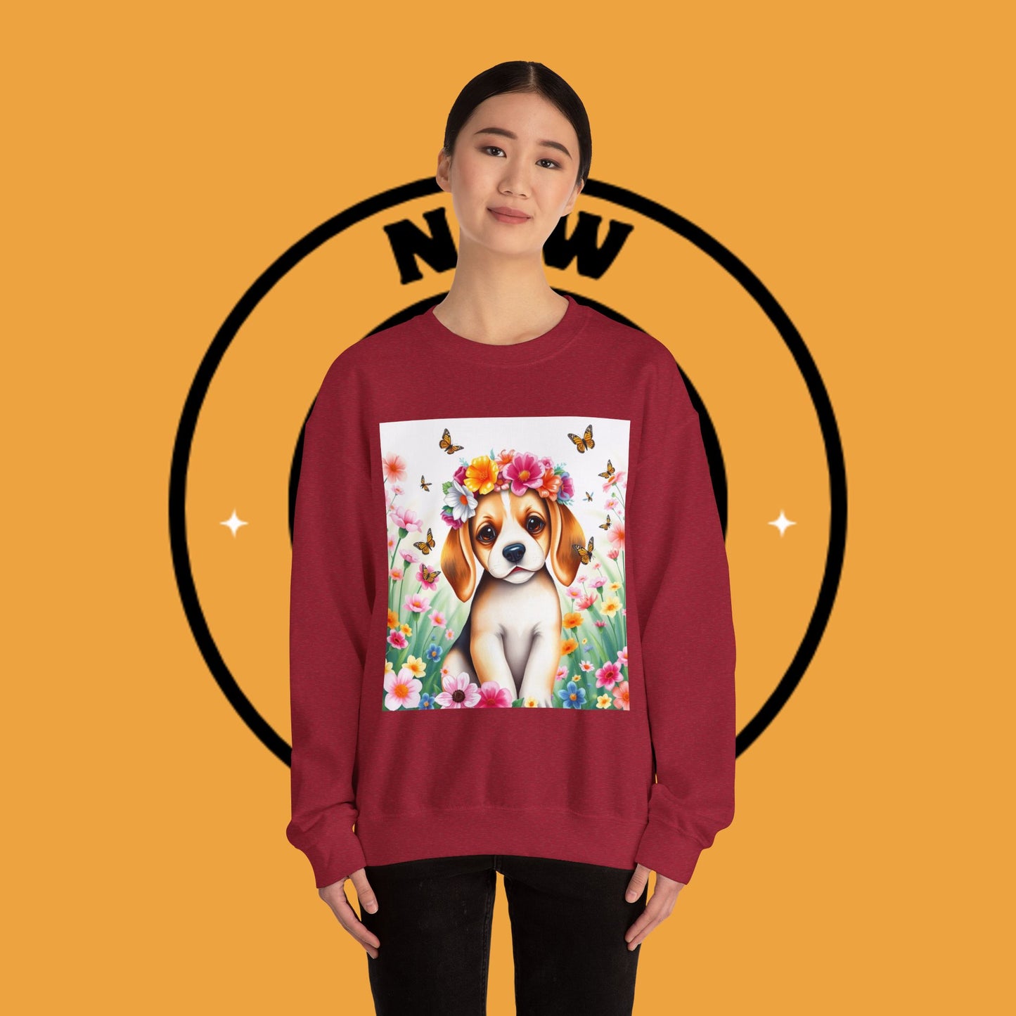 Flower Wreath Dog Crewneck Sweatshirt - Spring Beagle Design with Butterflies
