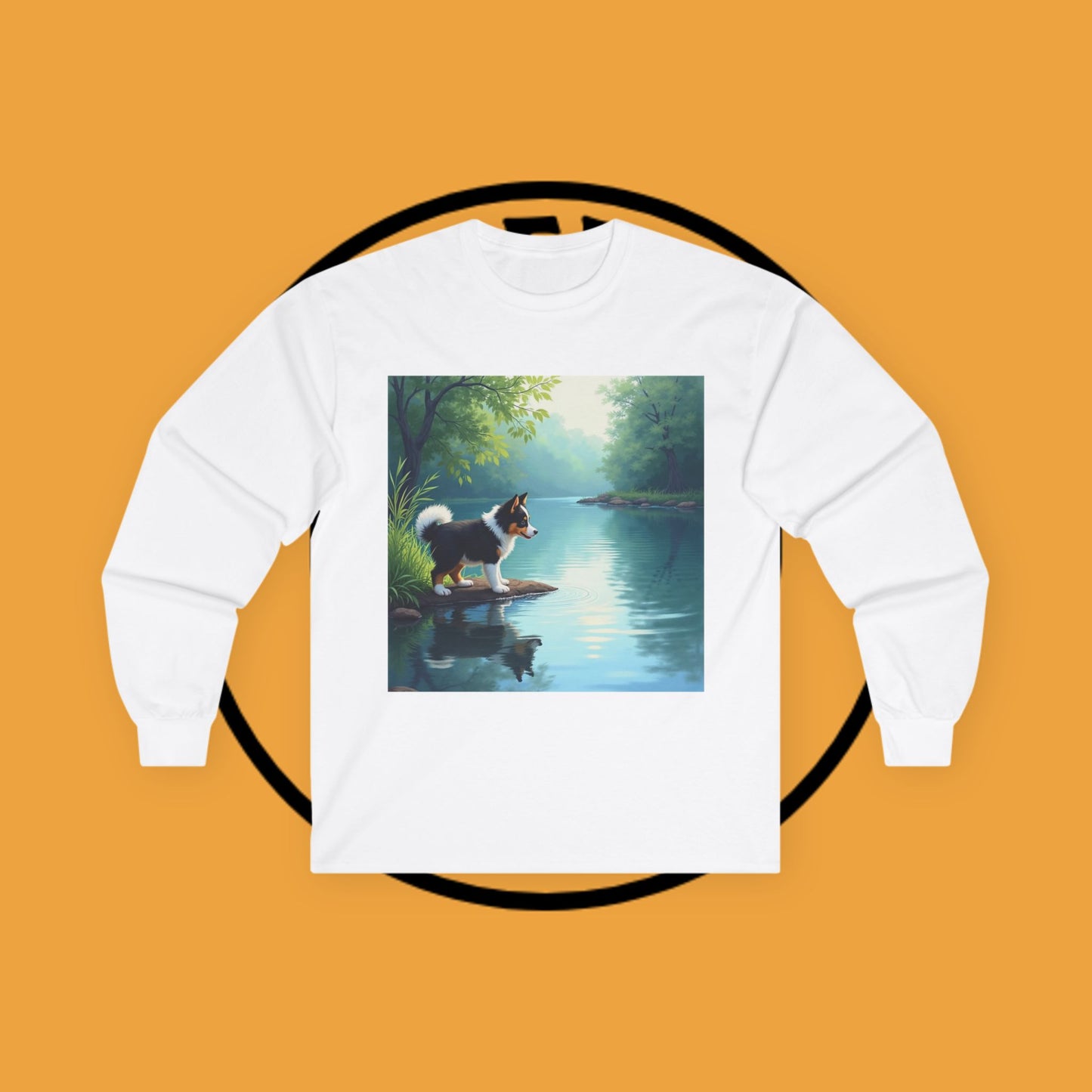 "Adorable Puppy by Tranquil Lake Long Sleeve Tee - Peaceful Nature Dog Art Shirt - Serene Landscape Apparel"