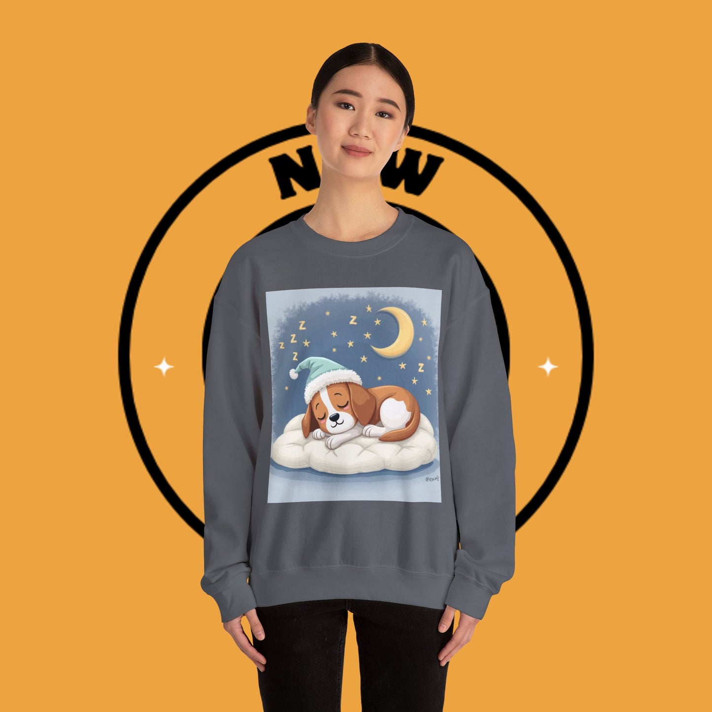 Sleeping Dog Crewneck Sweatshirt - Cute Beagle Design with Moon and Stars