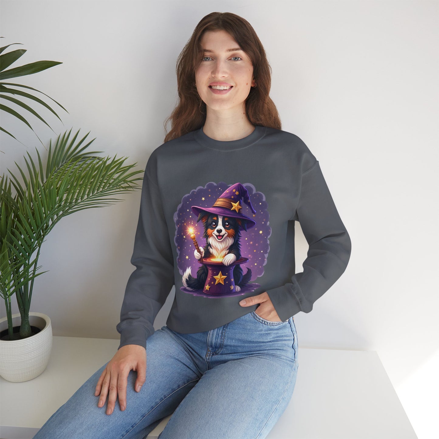 Magical Wizard Dog Crewneck Sweatshirt - Adorable Puppy Magician with Hat & Wand | Fantasy Pet Lover Gift Tee