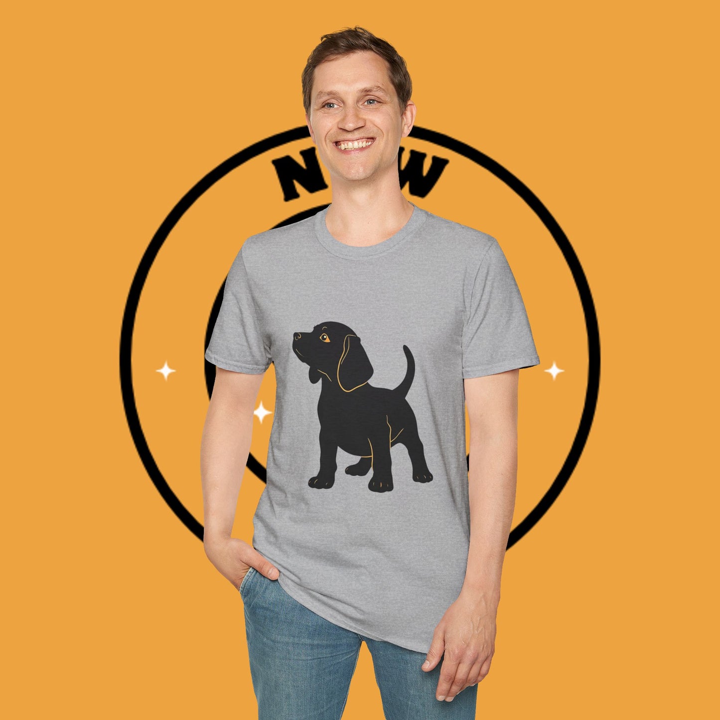 Minimalist Black Beagle Puppy T-Shirt - Simple Dog Silhouette Design | Modern Pet Lover Tee with Gold Accents