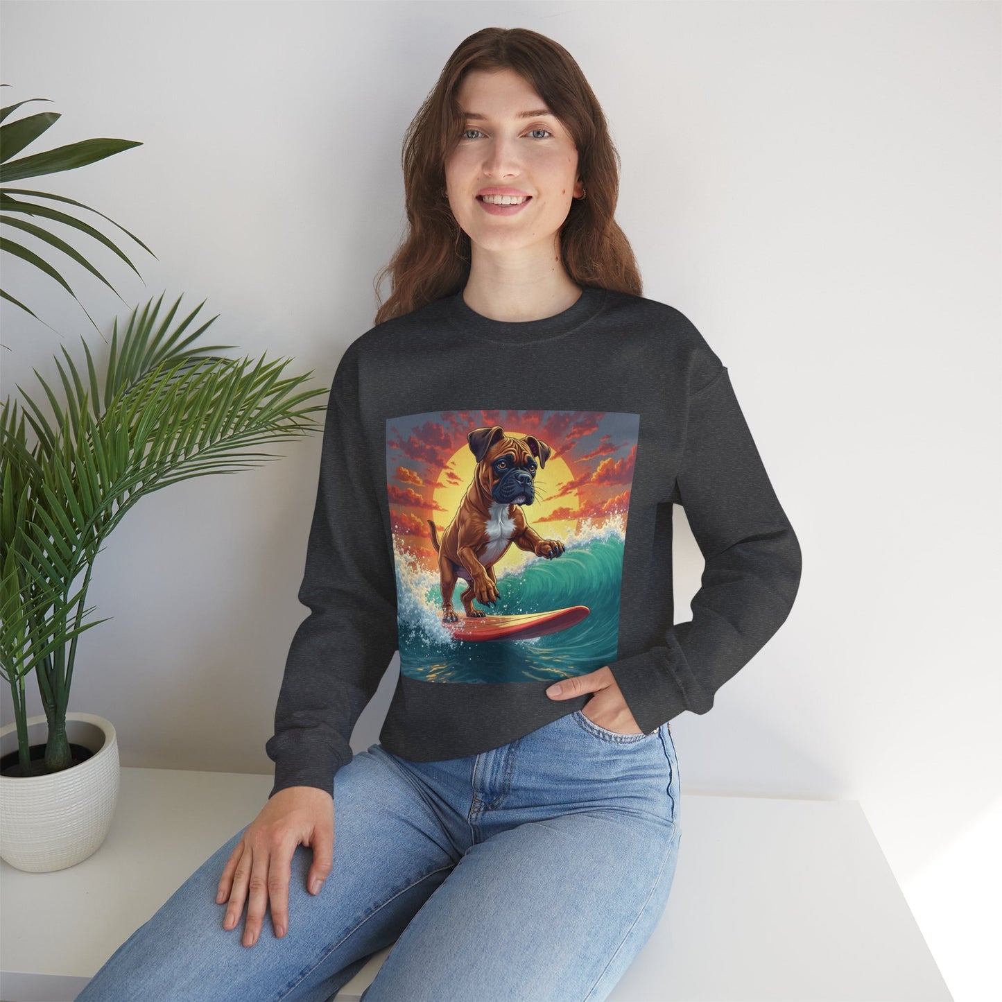 Surfing Boxer Dog Crewneck Sweatshirt | Funny Beach Surfer Gift | Epic Wave Riding Pup Design