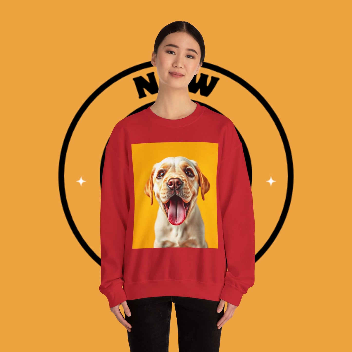 Unisex Dog Lover Crewneck Sweatshirt - Smiling Yellow Lab on vibrant yellow background