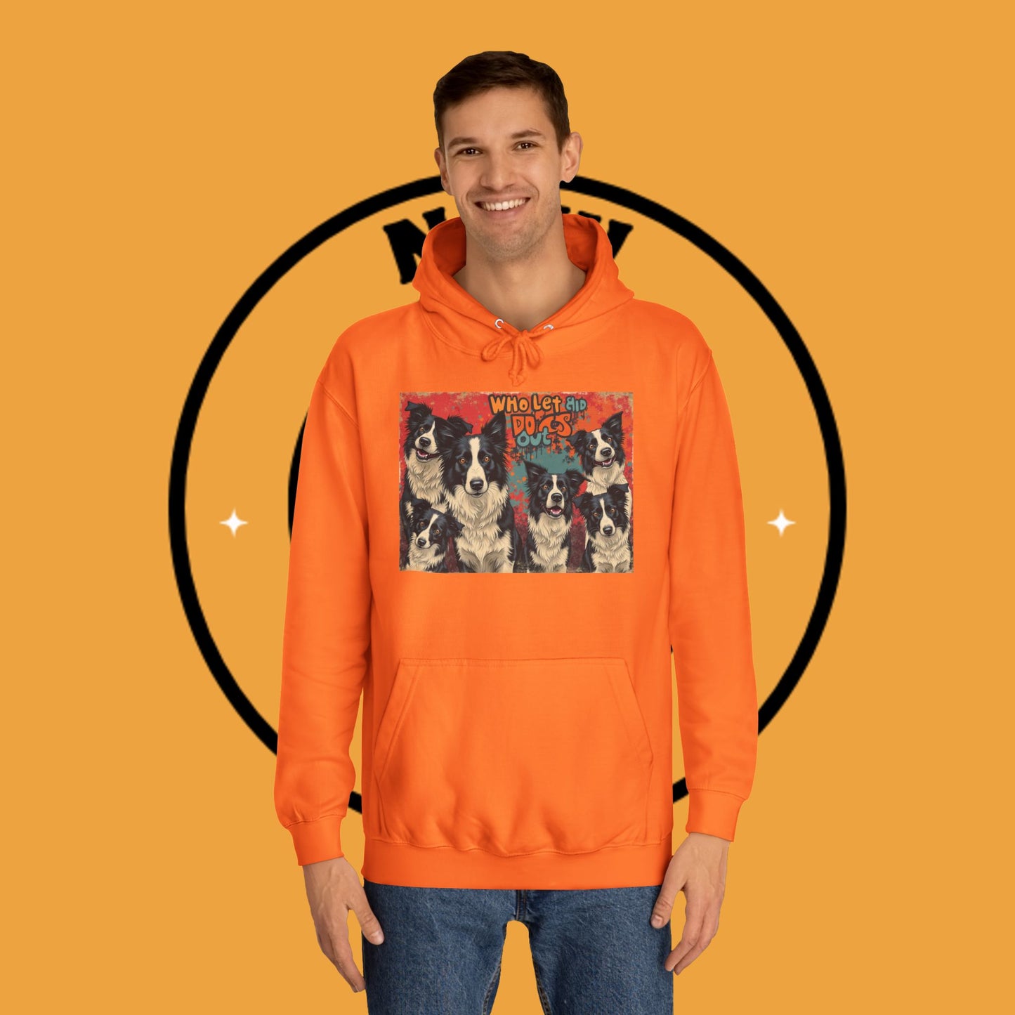 "Who Let the Dogs Out Border Collie Hoodie - Funny 90s Nostalgia Dog Pack Sweatshirt | Retro Music Design"