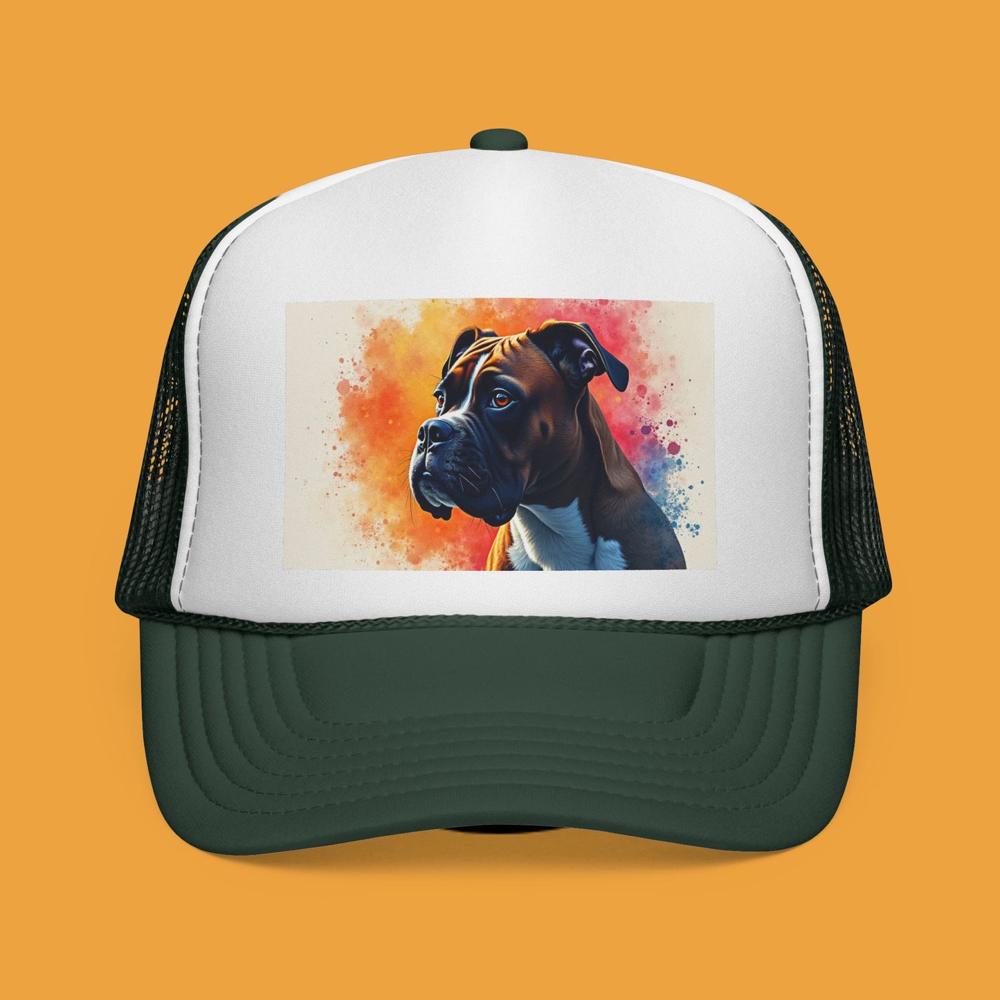 "Watercolor Sunset Boxer Dog Trucker Cap - Artistic Profile Design | Premium Snapback Hat | Fine Art Streetwear for Dog Lovers"