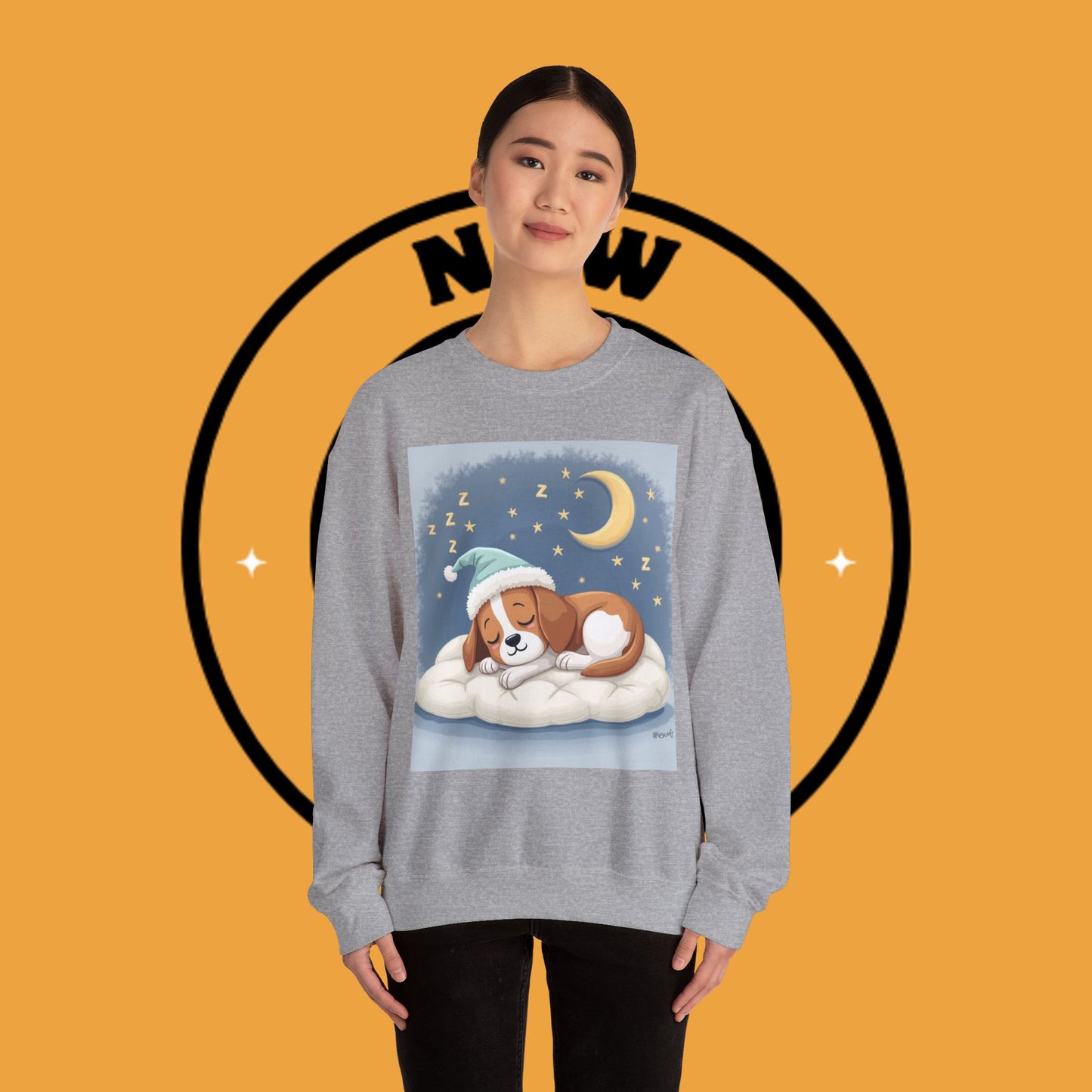 Sleeping Dog Crewneck Sweatshirt - Cute Beagle Design with Moon and Stars