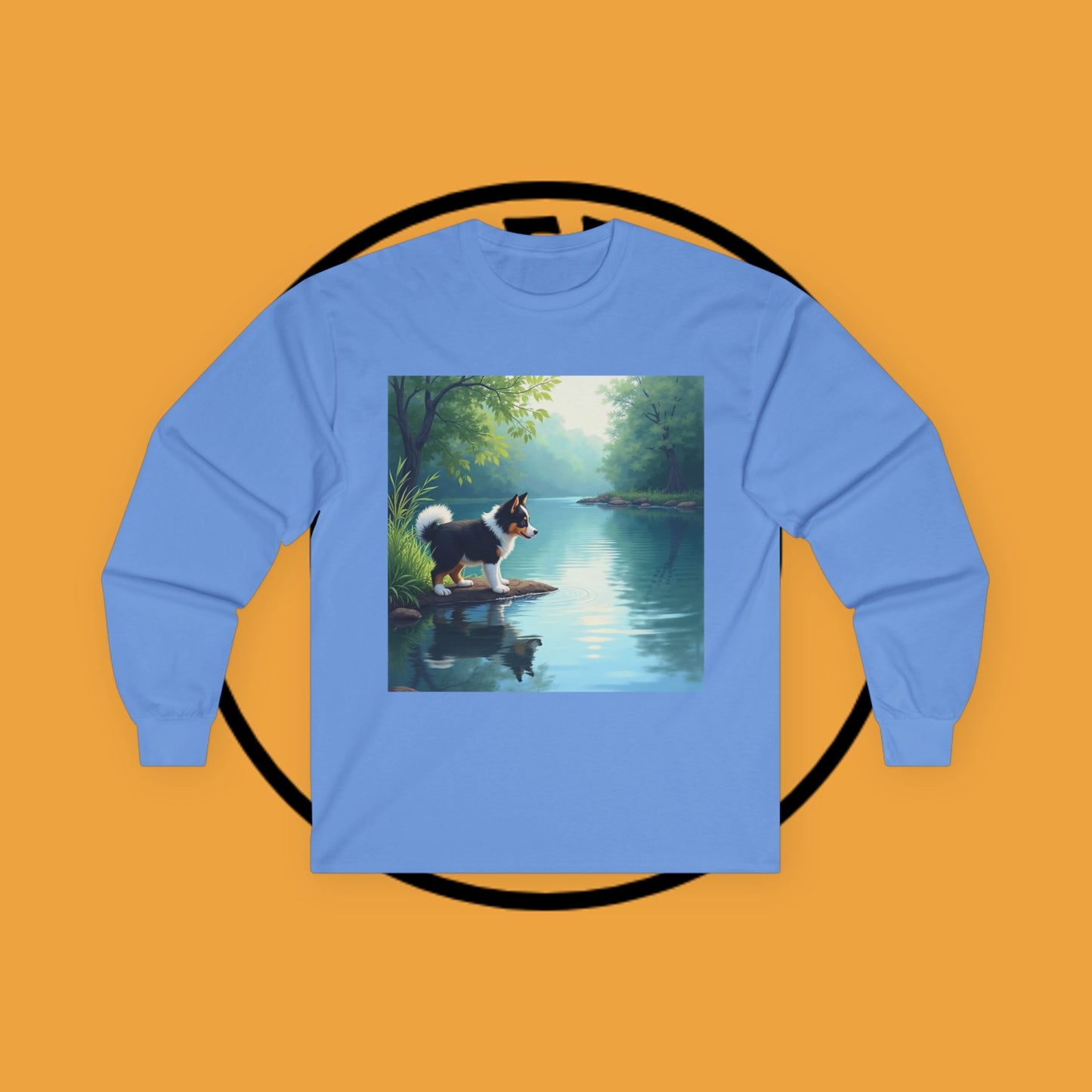 "Adorable Puppy by Tranquil Lake Long Sleeve Tee - Peaceful Nature Dog Art Shirt - Serene Landscape Apparel"