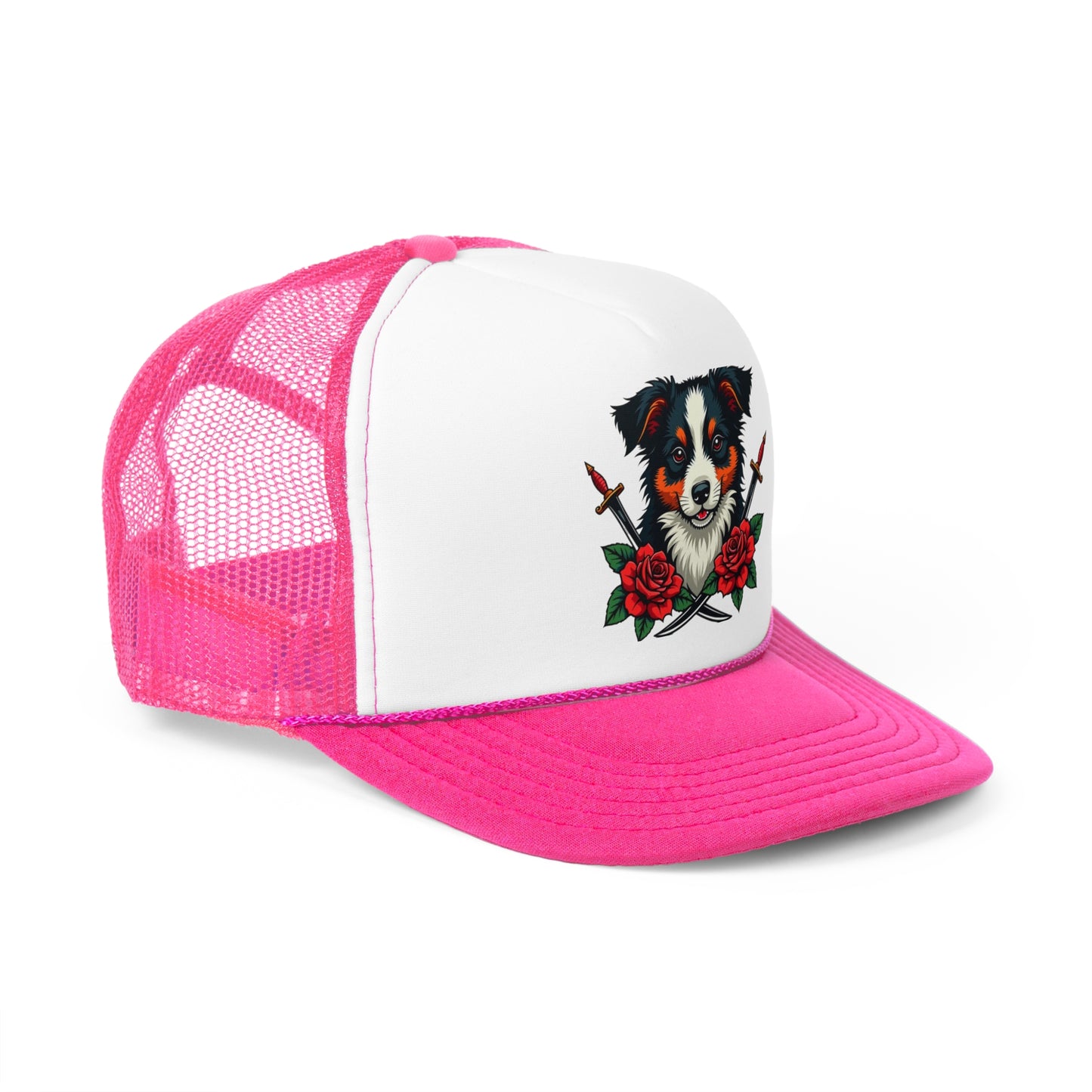 Fierce Border Collie Tattoo Style Trucker Hat - Vintage Dog Lover Cap with Roses & Daggers Design