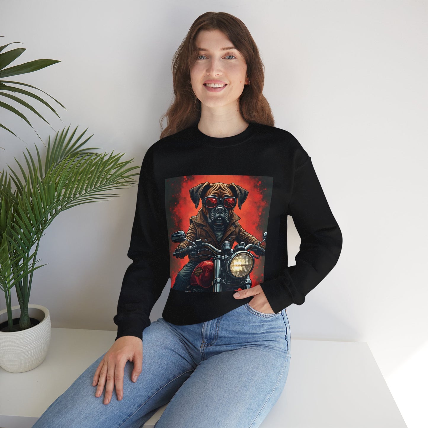 Biker Boxer Dog Crewneck Sweatshirt - Motorcycle Rebel Pup Design - Badass Pet Lover Style