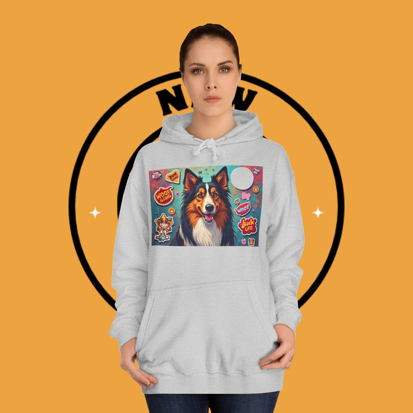 "Dog Sticker Pack Hoodie - Vibrant Collie with Fun Dog Patches Design | Millennial Pet Lover Streetwear"