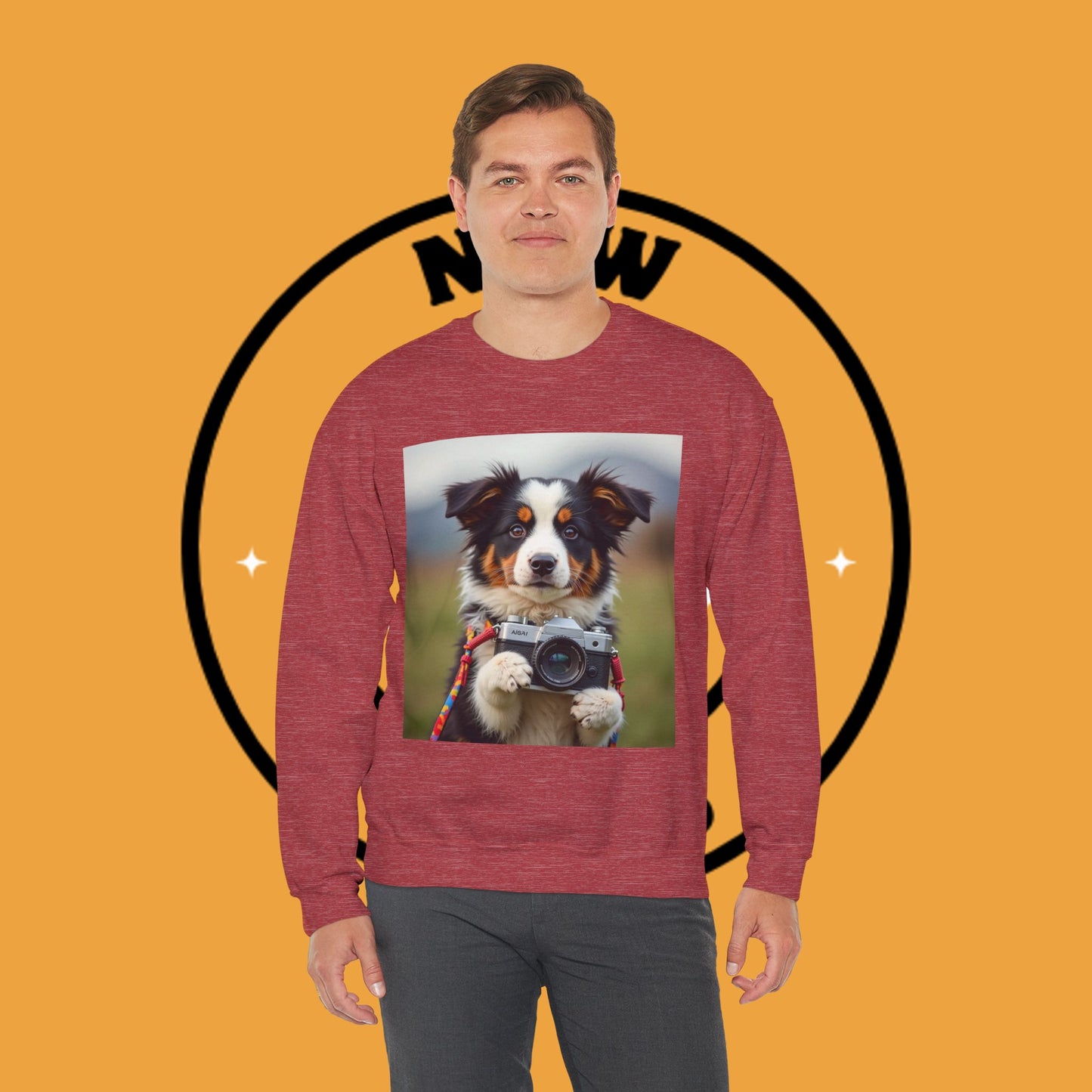 Photographer Dog Crewneck Sweatshirt - Cute Puppy with Vintage Camera Design | Photography Lover Gift