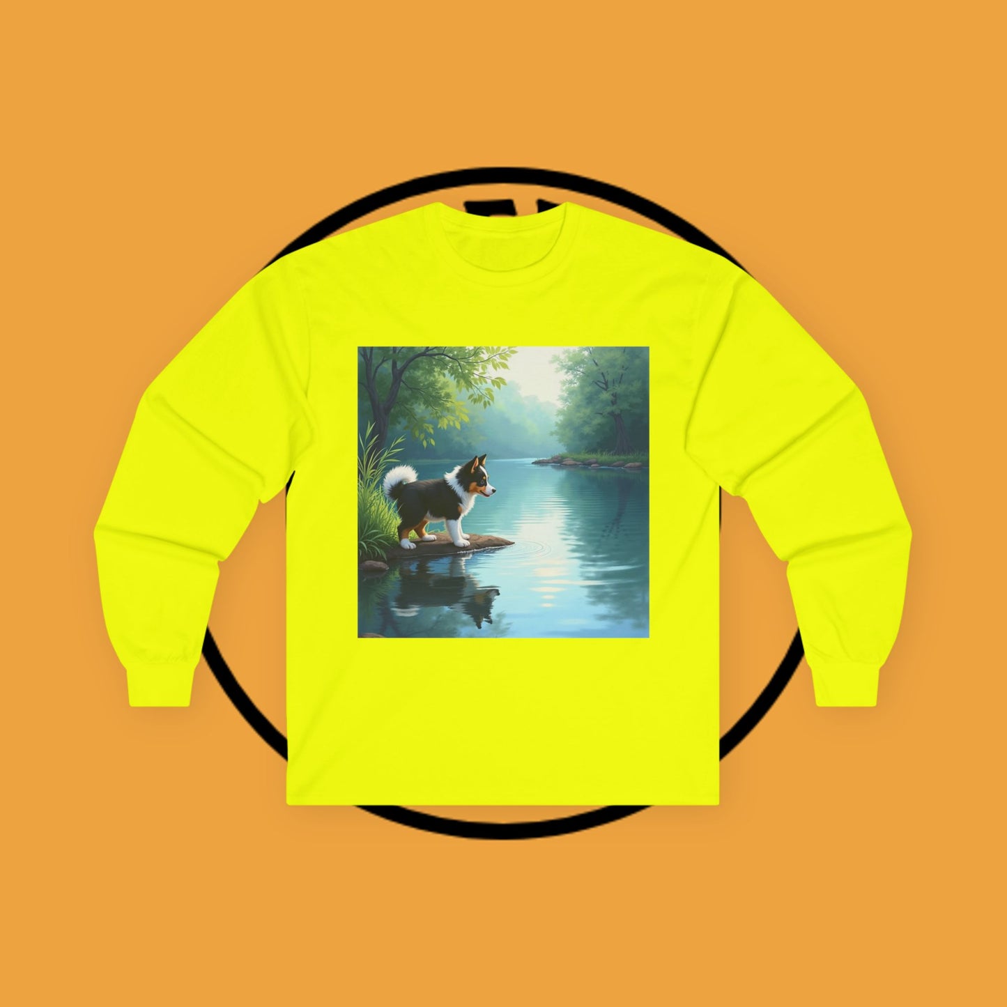 "Adorable Puppy by Tranquil Lake Long Sleeve Tee - Peaceful Nature Dog Art Shirt - Serene Landscape Apparel"