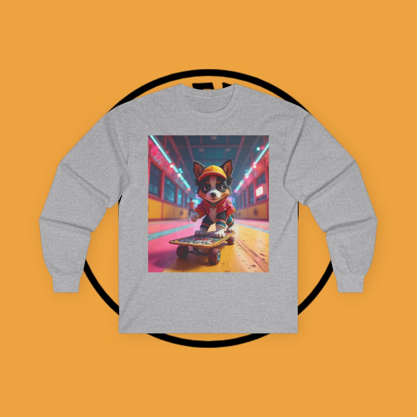 "Cool Skateboarding Puppy Long Sleeve Tee - Urban Street Art Dog Shirt - Cyberpunk Neon Skater Apparel"