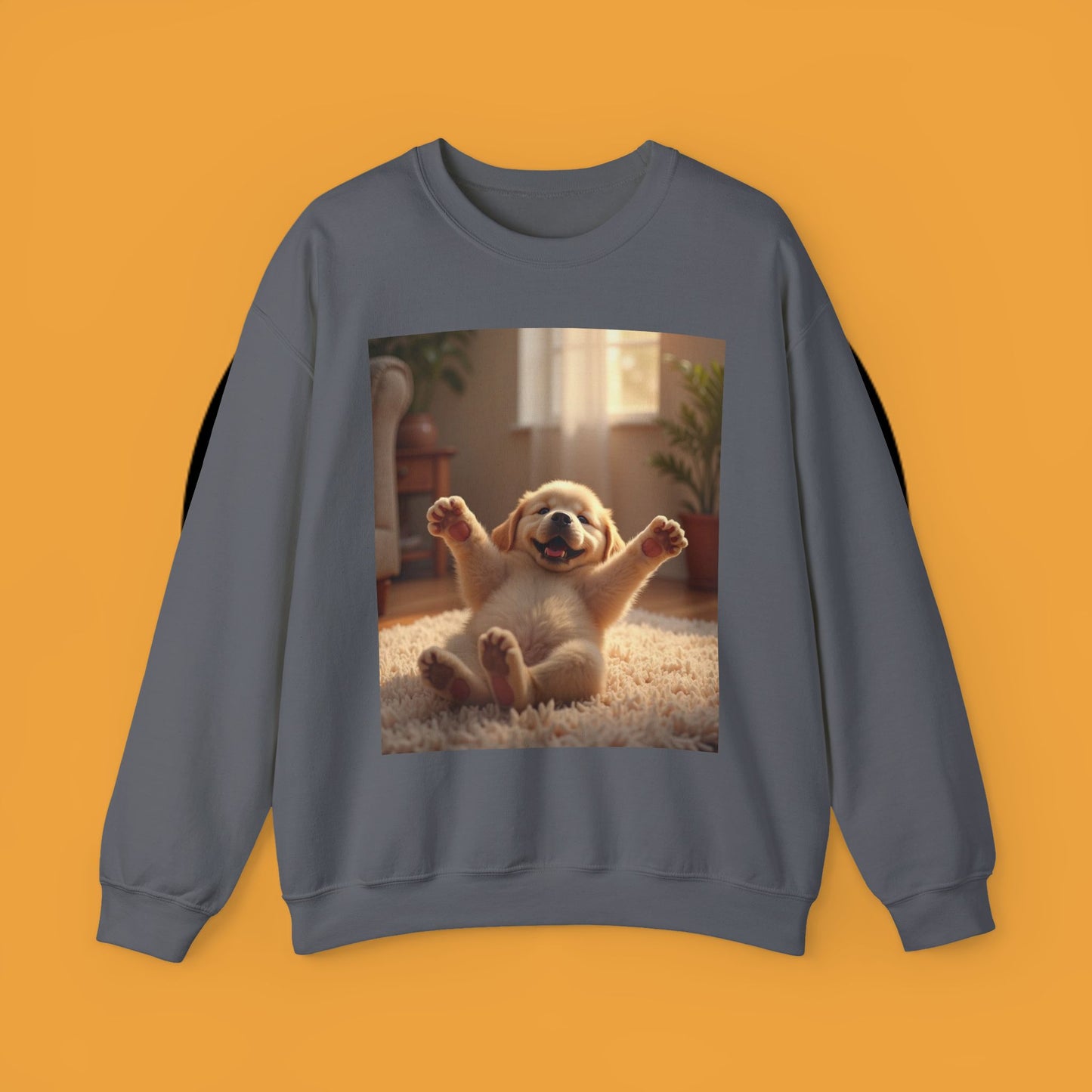 Unisex Dog Lover Crewneck Sweatshirt - Joyful Paws: Yellow Lab Puppy Stretching on Plush Carpet