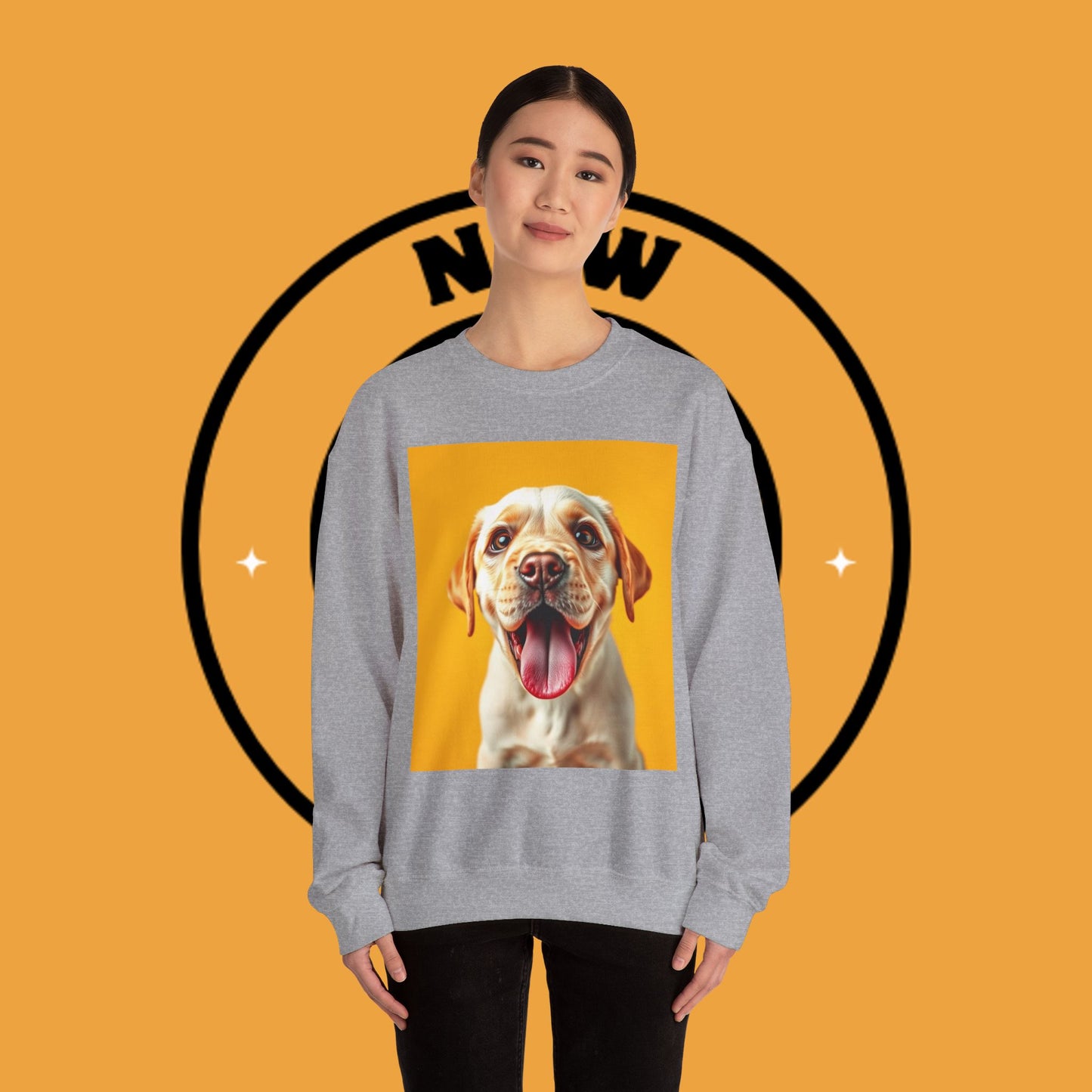 Unisex Dog Lover Crewneck Sweatshirt - Smiling Yellow Lab on vibrant yellow background