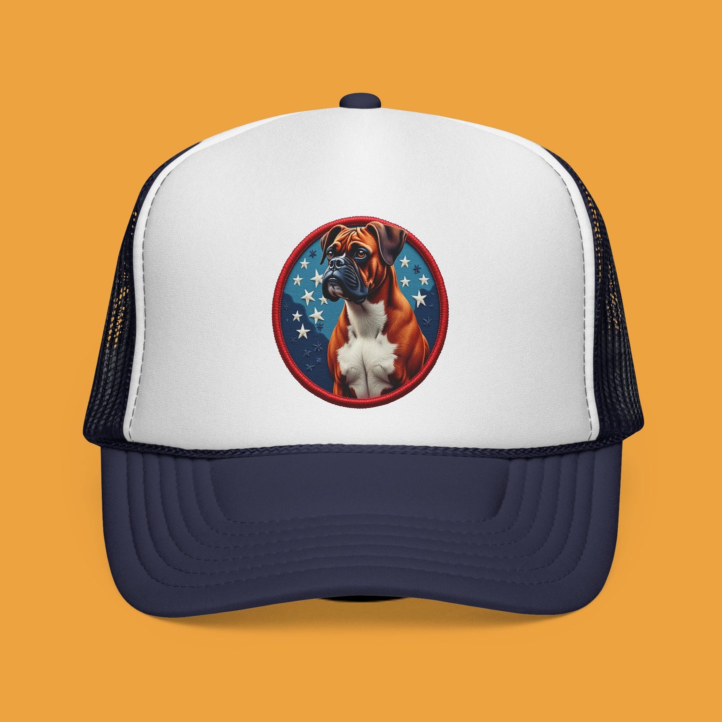 "Americana Boxer Dog Patch Trucker Cap - Patriotic Stars Design | USA Flag Colors Snapback Hat | Military Style Baseball Cap"