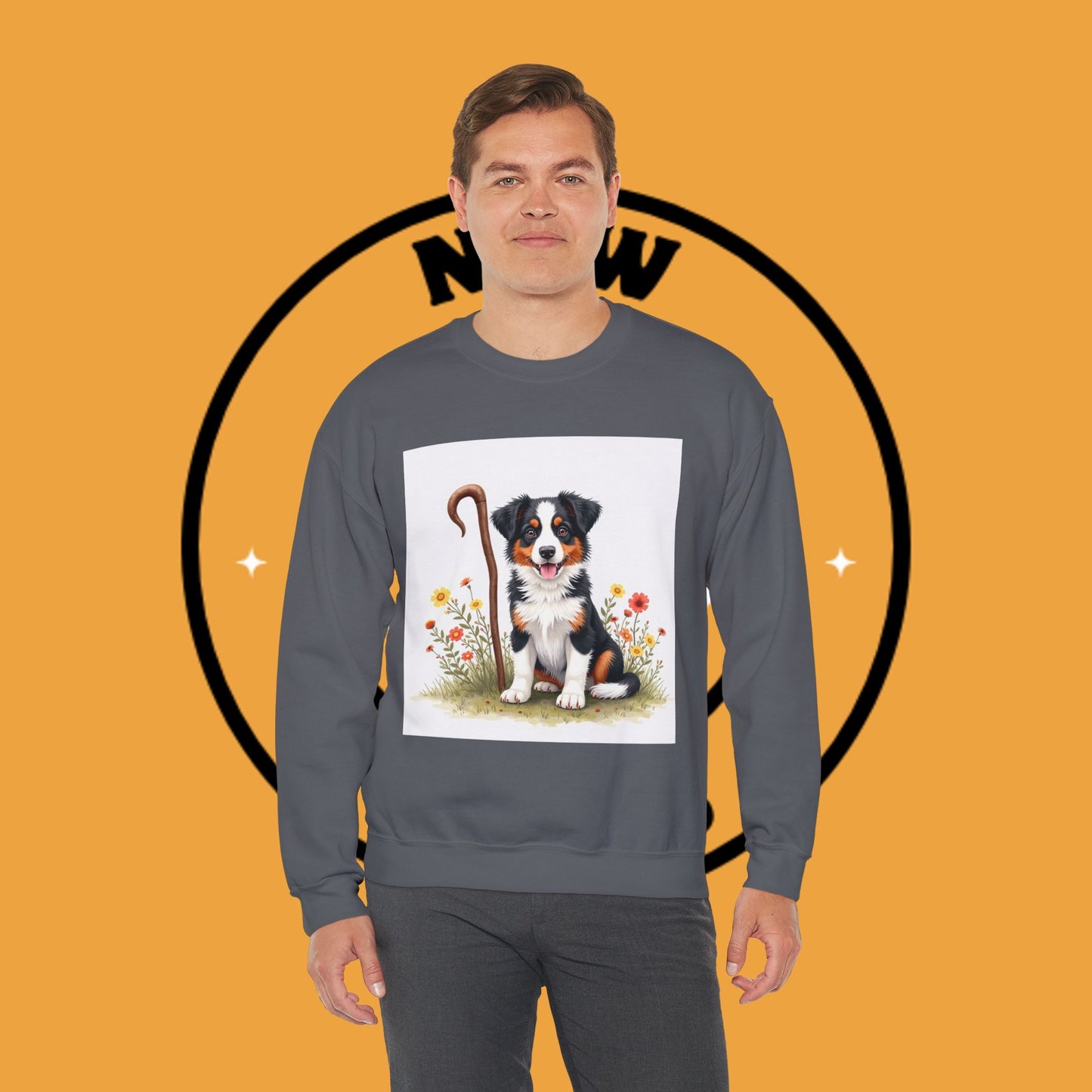 Border Collie Puppy Shepherd's Crook Crewneck Sweatshirt - Pastoral Dog Art | Farm Life Gift