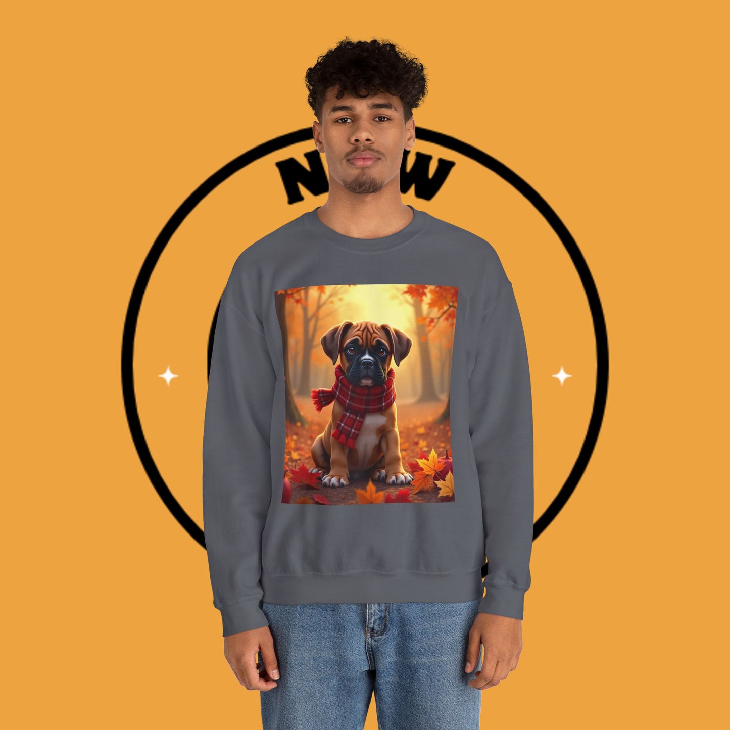 Cute Boxer Puppy Autumn Crewneck Sweatshirt | Fall Dog Lover Gift | Cozy Plaid Scarf Design