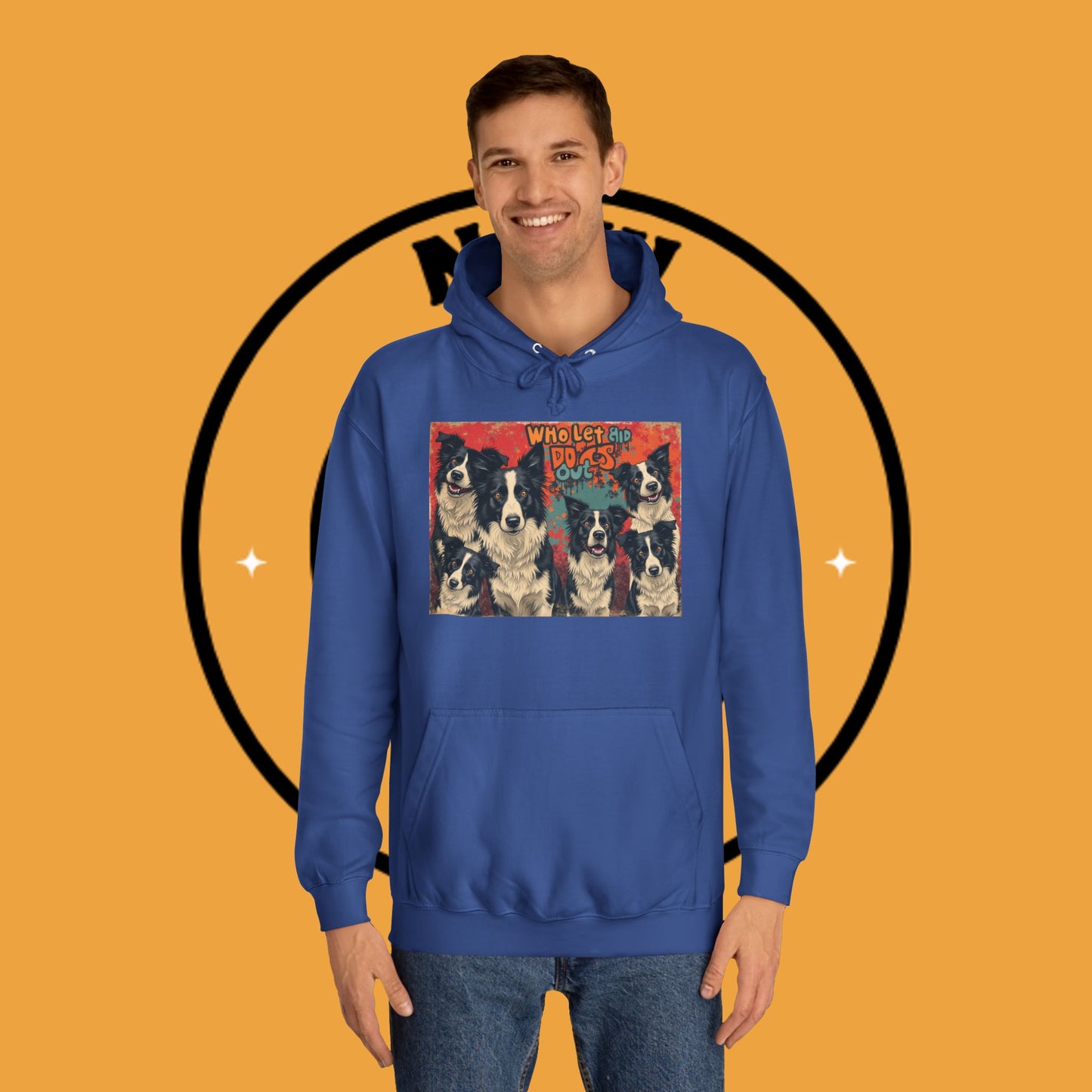"Who Let the Dogs Out Border Collie Hoodie - Funny 90s Nostalgia Dog Pack Sweatshirt | Retro Music Design"