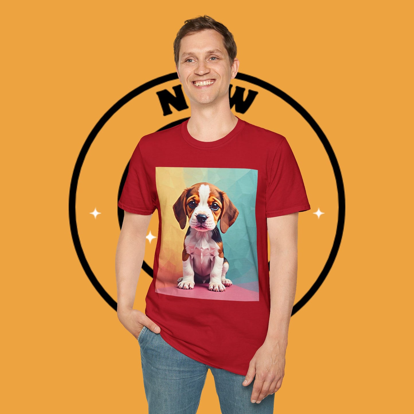 Modern Art Beagle Puppy T-Shirt - Geometric Low Poly Dog Design with Rainbow Background