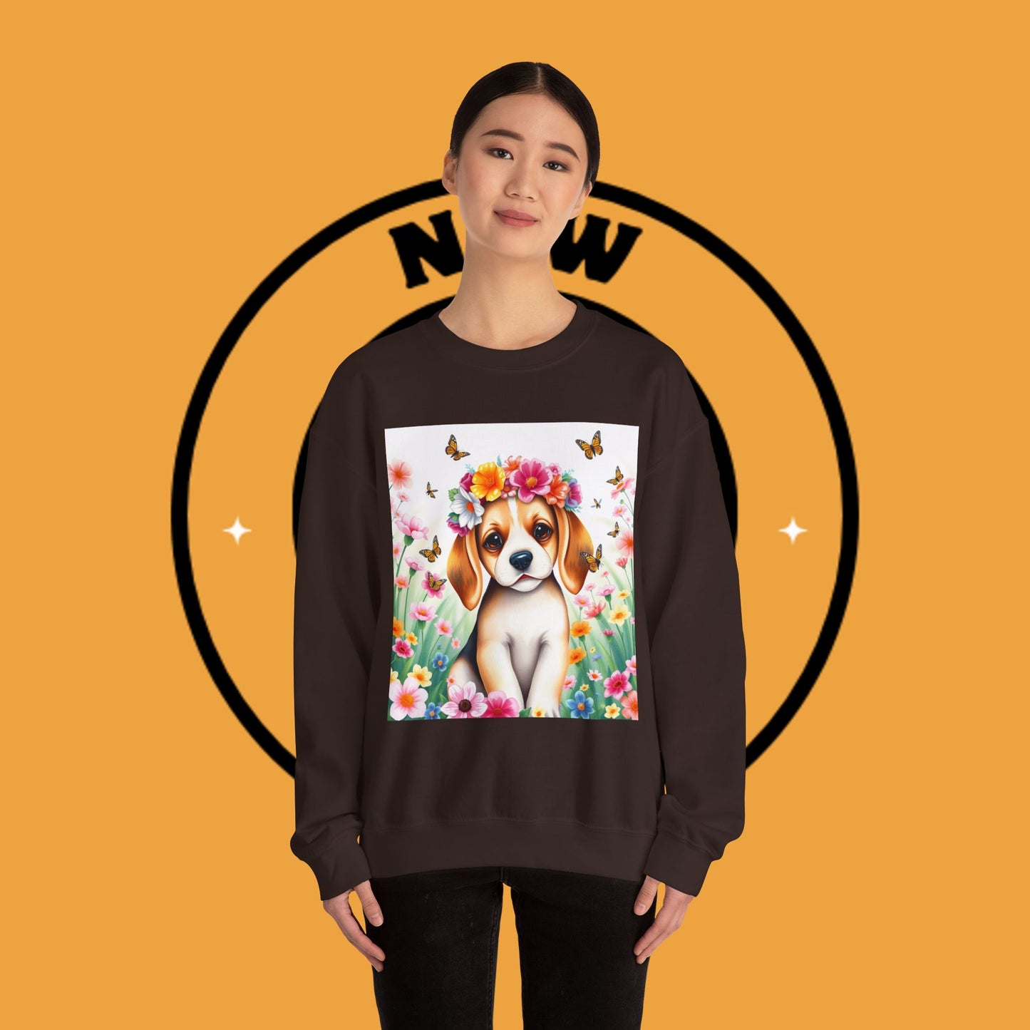 Flower Wreath Dog Crewneck Sweatshirt - Spring Beagle Design with Butterflies