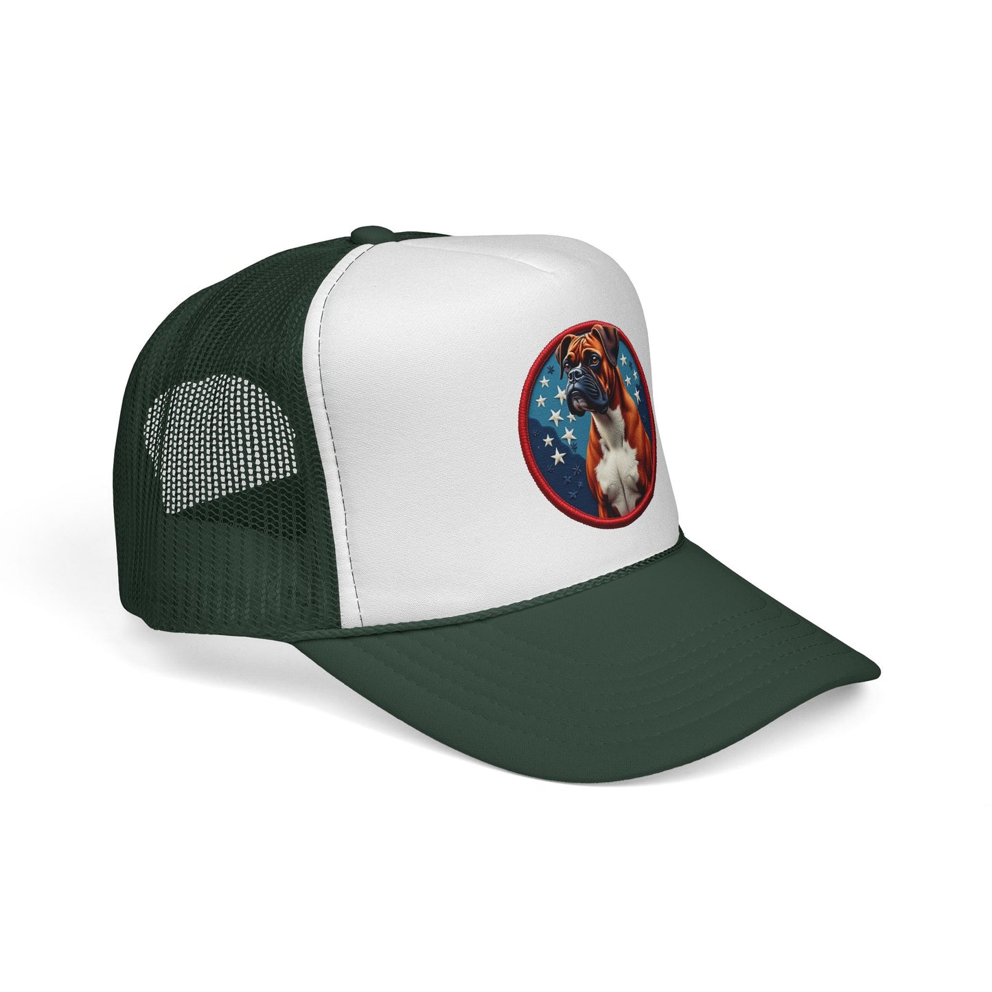 "Americana Boxer Dog Patch Trucker Cap - Patriotic Stars Design | USA Flag Colors Snapback Hat | Military Style Baseball Cap"