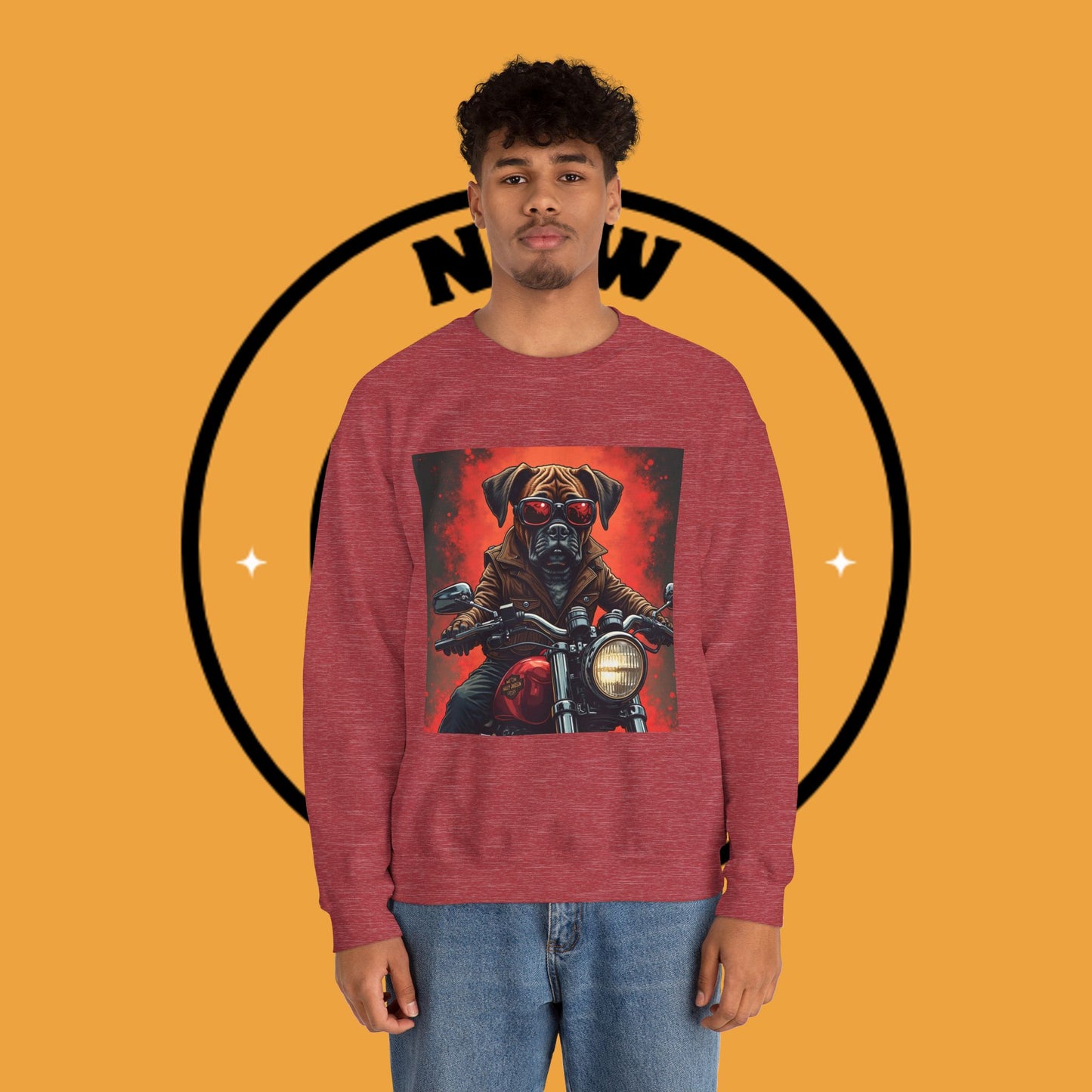 Biker Boxer Dog Crewneck Sweatshirt - Motorcycle Rebel Pup Design - Badass Pet Lover Style