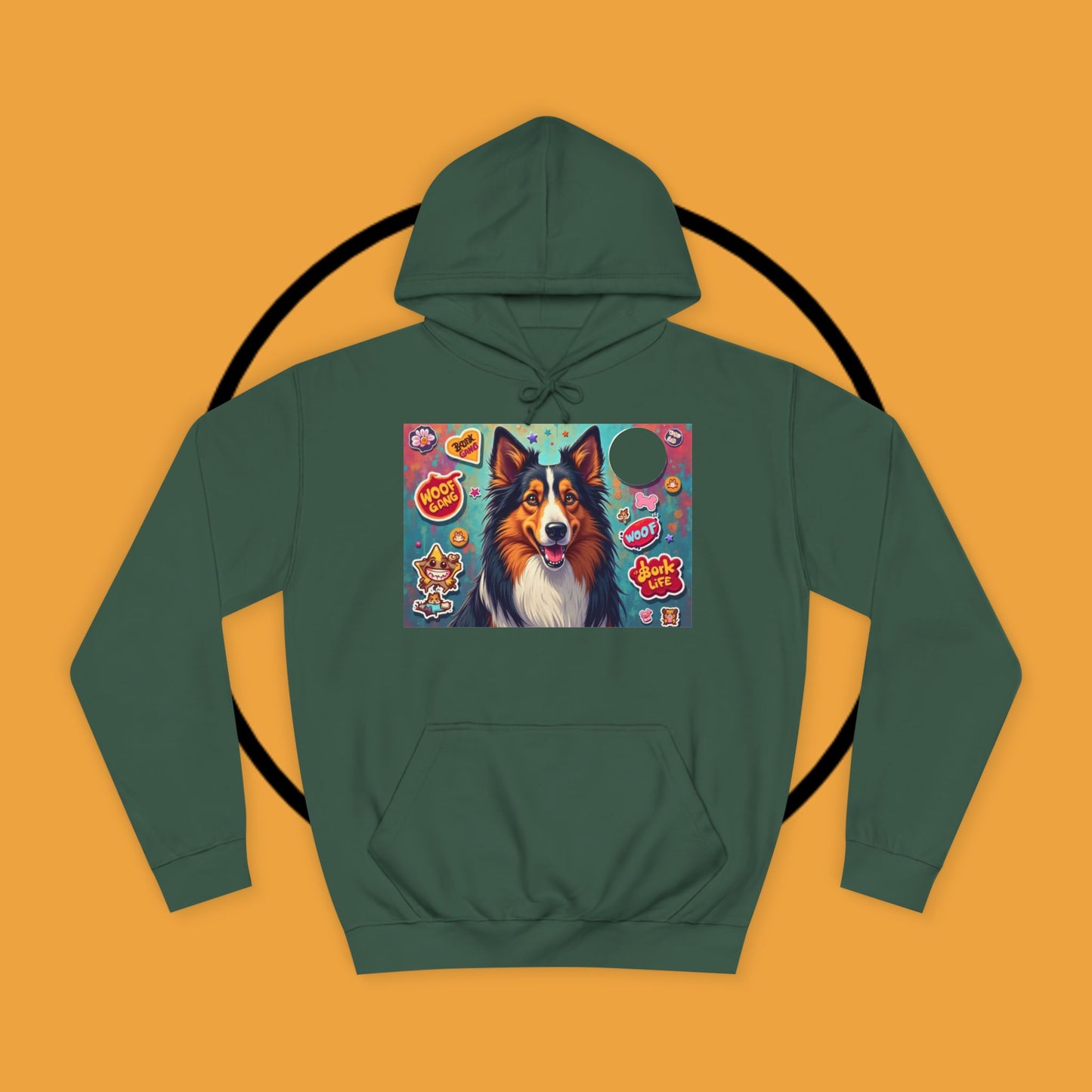 "Dog Sticker Pack Hoodie - Vibrant Collie with Fun Dog Patches Design | Millennial Pet Lover Streetwear"