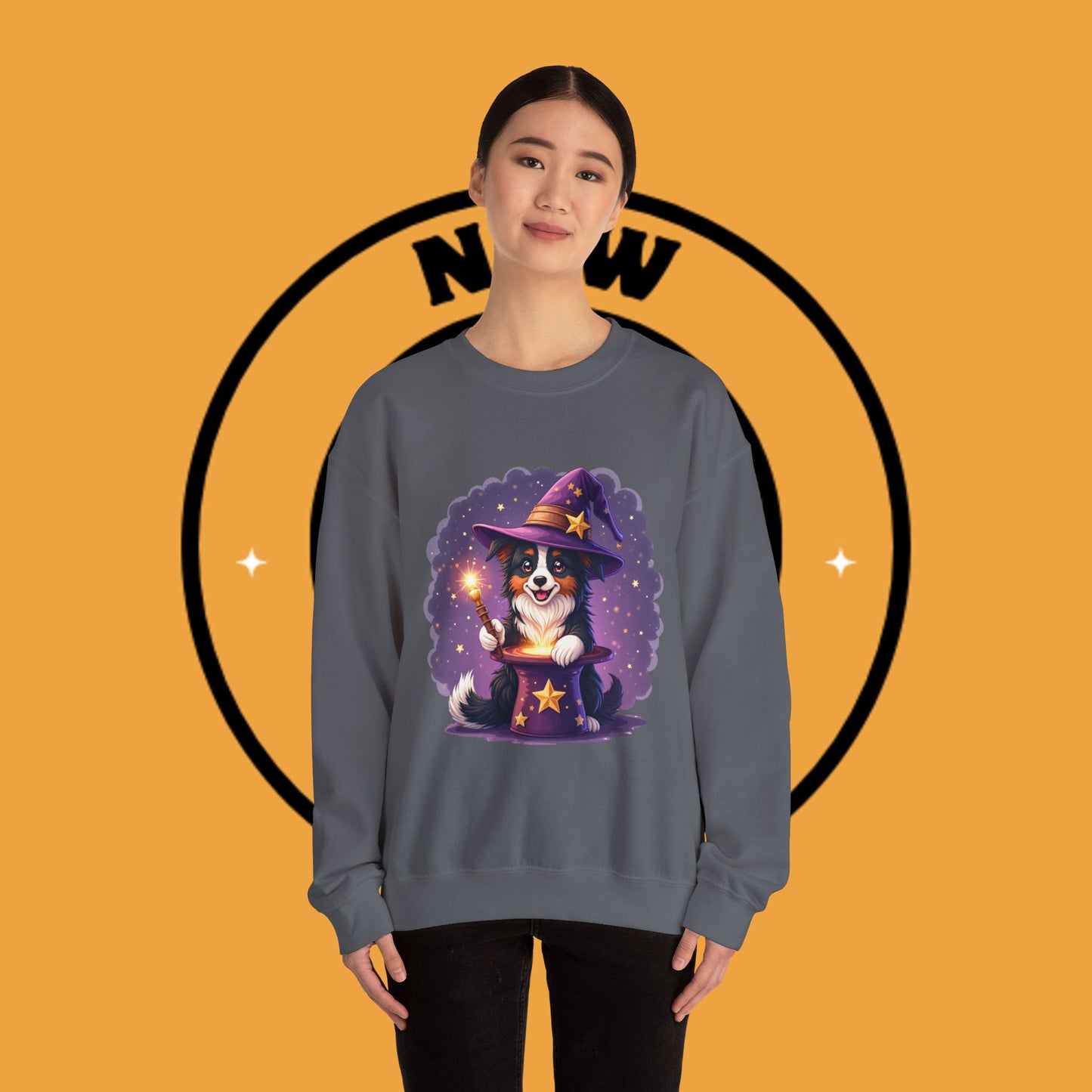 Magical Wizard Dog Crewneck Sweatshirt - Adorable Puppy Magician with Hat & Wand | Fantasy Pet Lover Gift Tee