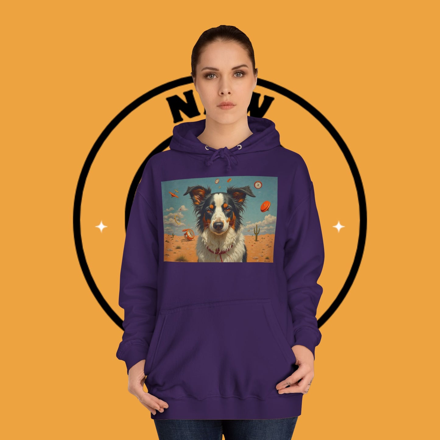 "Surreal Border Collie Time Desert Hoodie - Flying Clocks Artistic Dog Sweatshirt | Dreamlike Fantasy Design"