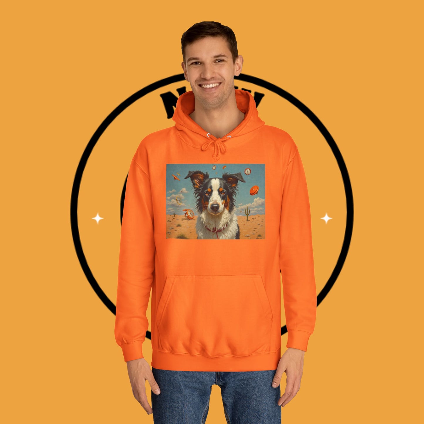 "Surreal Border Collie Time Desert Hoodie - Flying Clocks Artistic Dog Sweatshirt | Dreamlike Fantasy Design"