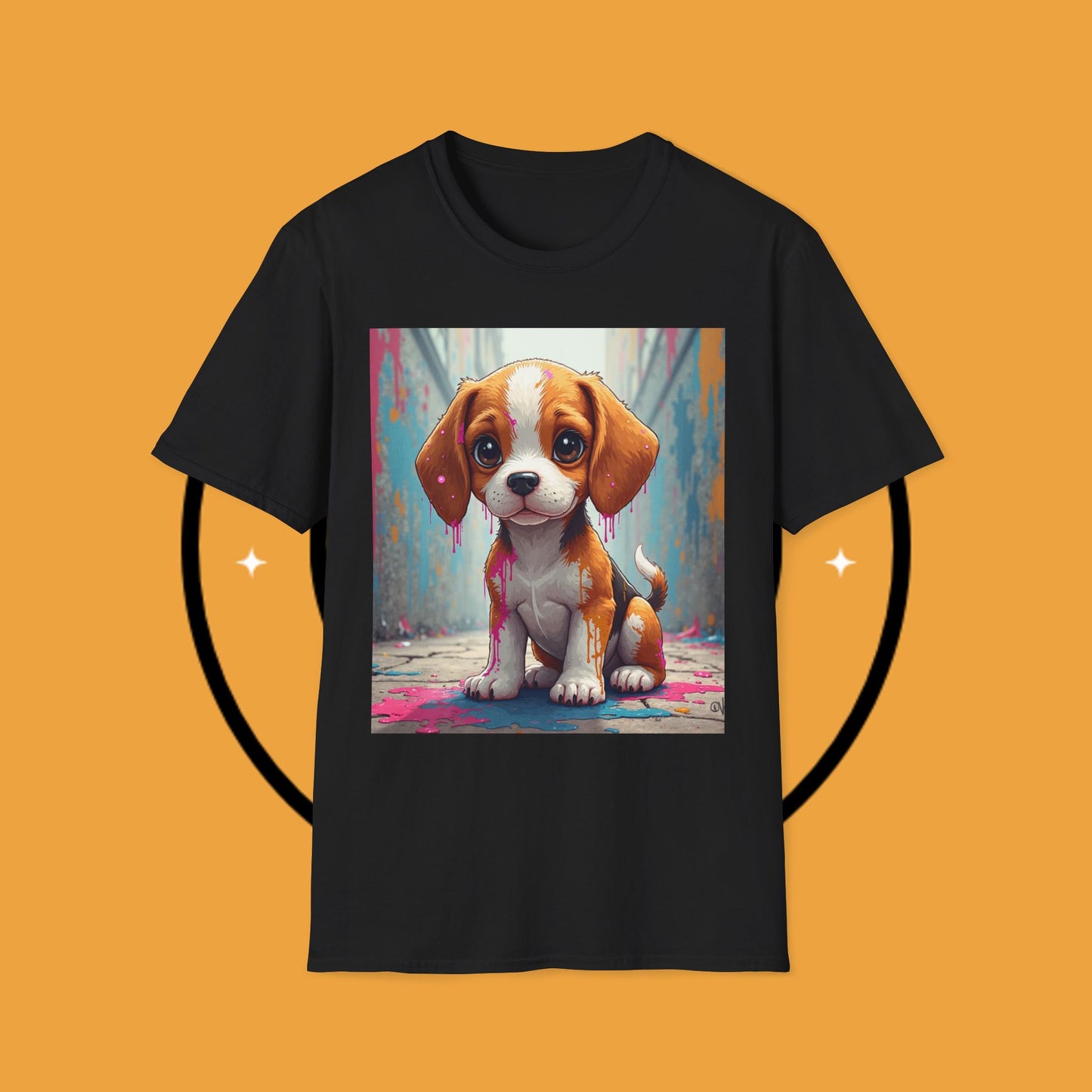 Beagle Street Art T-Shirt - Urban Paint Splatter Dog Design | Artistic Puppy Graffiti Tee for Creative Souls