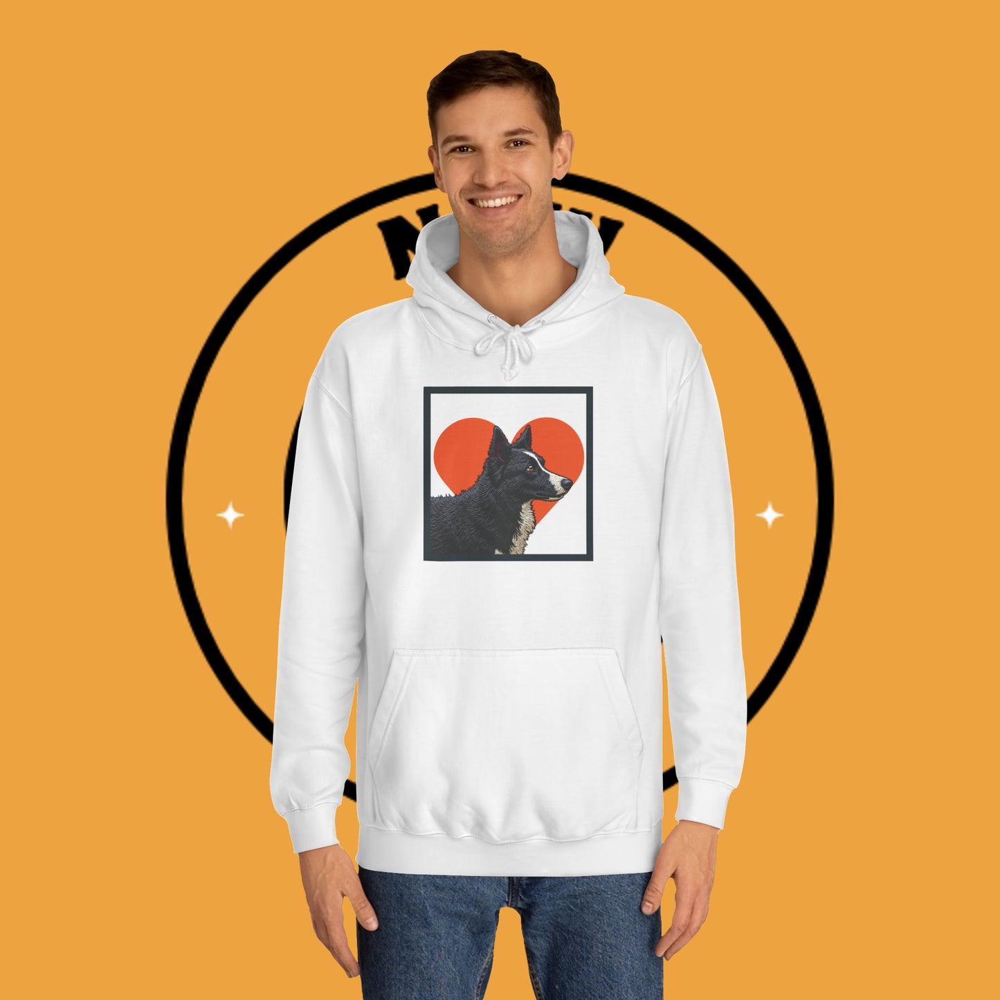 "Black & White Border Collie Portrait Hoodie - Bold Red Heart Background Dog Lover Sweatshirt | Premium Art Design"