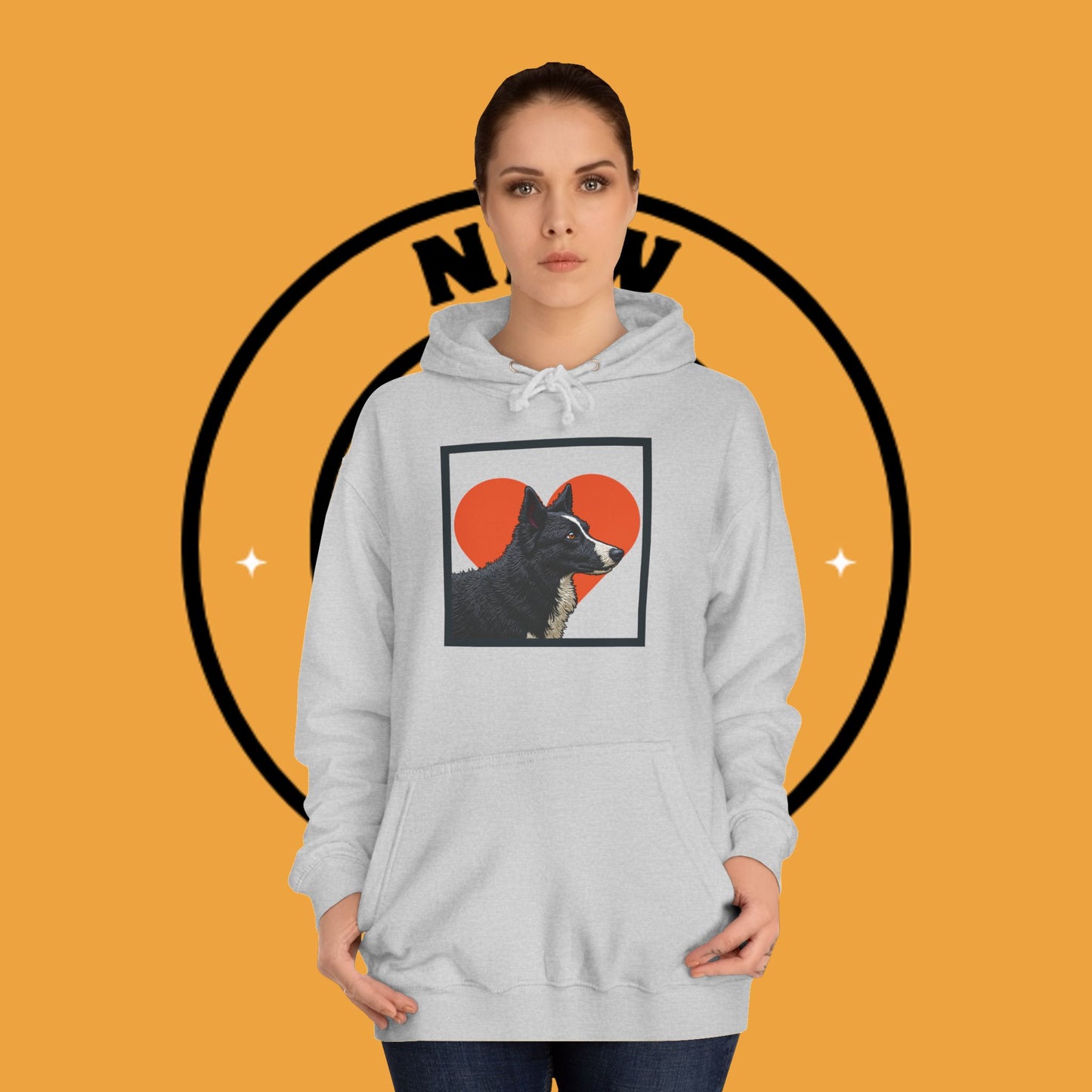 "Black & White Border Collie Portrait Hoodie - Bold Red Heart Background Dog Lover Sweatshirt | Premium Art Design"