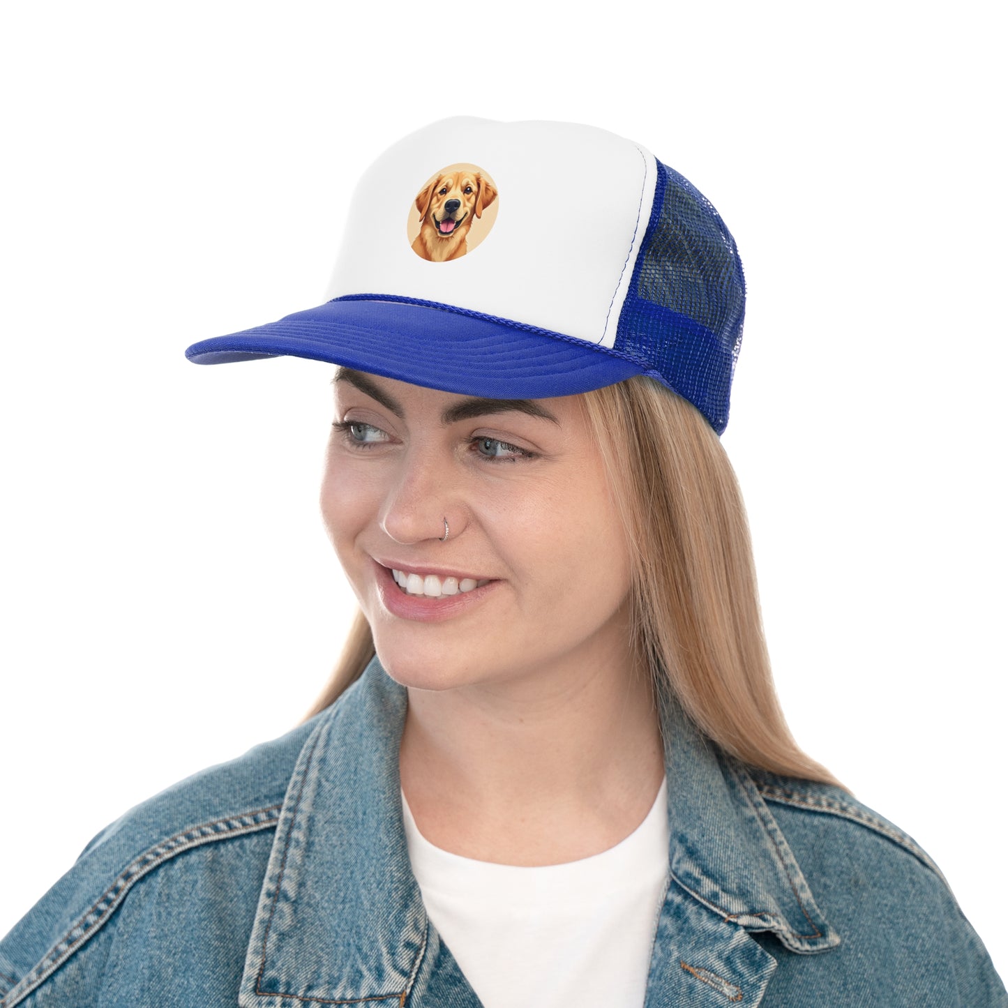 Happy Golden Retriever Trucker Cap - Circular Digital Illustration - Unisex Golden Cheerful Cap