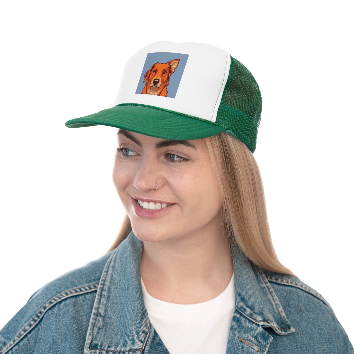 Pixel Art Dog Trucker Cap - Retro Gaming Golden Retriever Design - Unisex Adjustable Cap