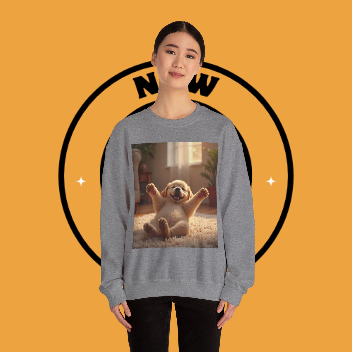 Unisex Dog Lover Crewneck Sweatshirt - Joyful Paws: Yellow Lab Puppy Stretching on Plush Carpet