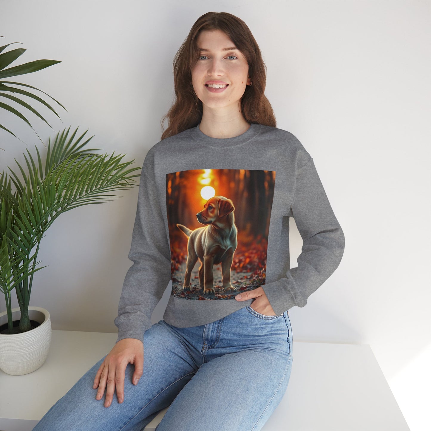 Crewneck Sweatshirt - Labrador Puppy in Autumn Forest with Golden Sunset Light Design