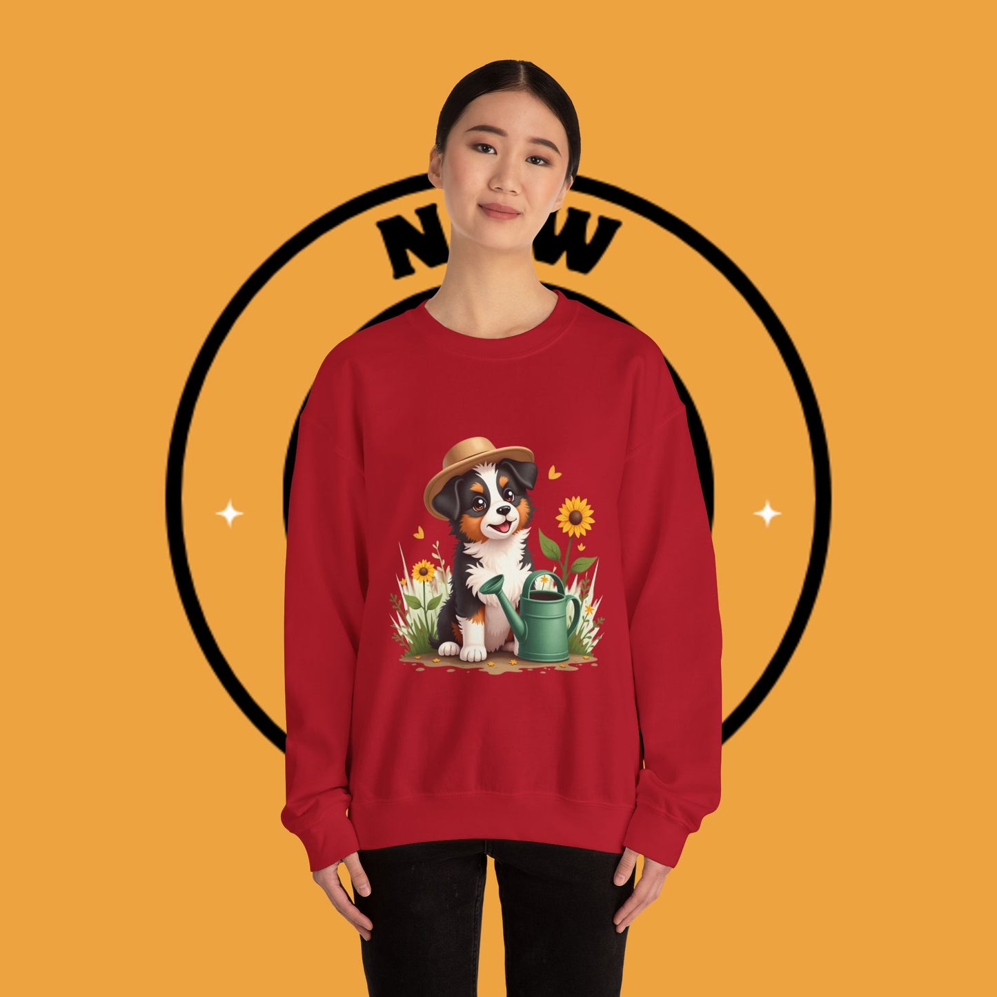 Garden Dog Crewneck Sweatshirt - Cute Puppy Gardener with Sunflowers Design | Green Thumb Gift