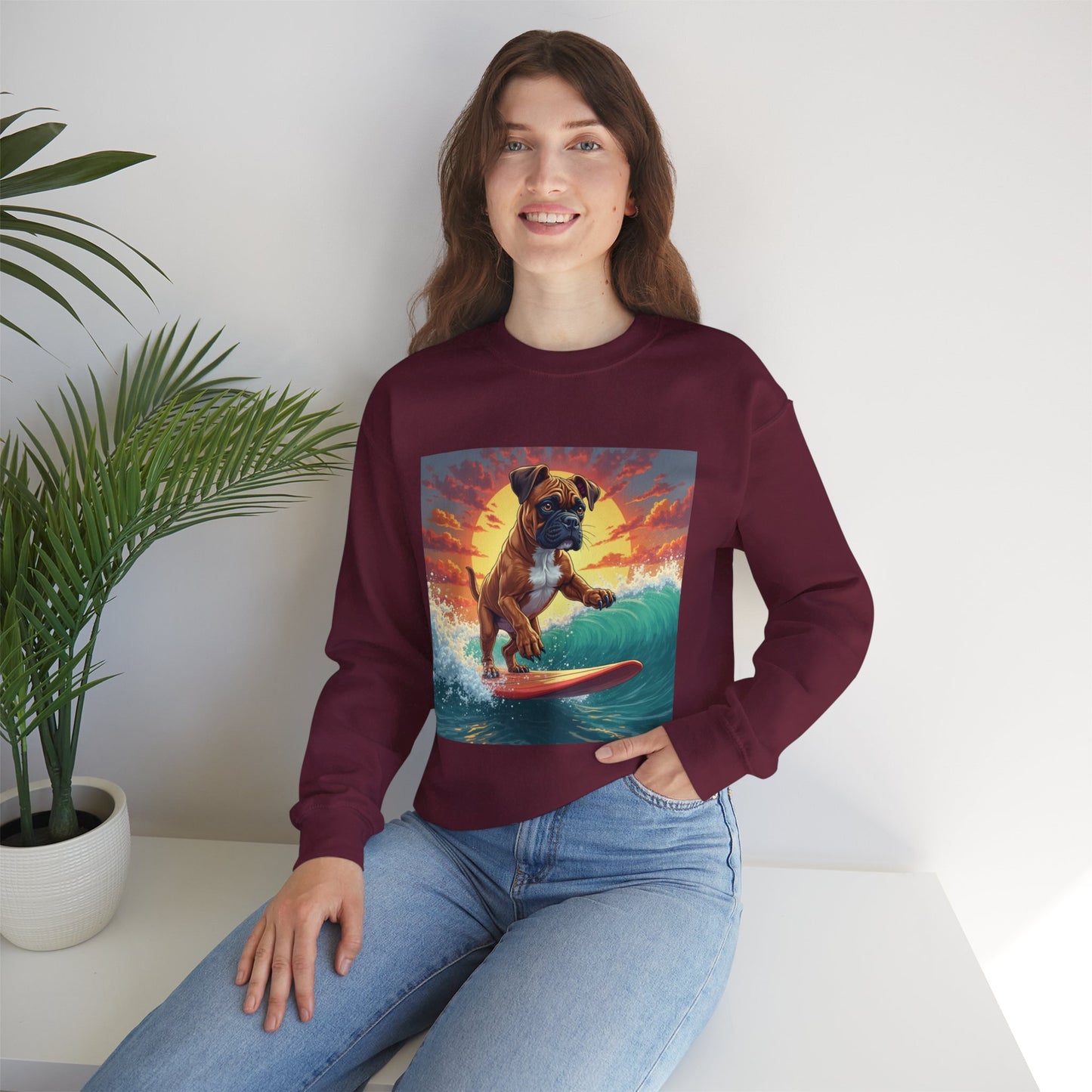 Surfing Boxer Dog Crewneck Sweatshirt | Funny Beach Surfer Gift | Epic Wave Riding Pup Design