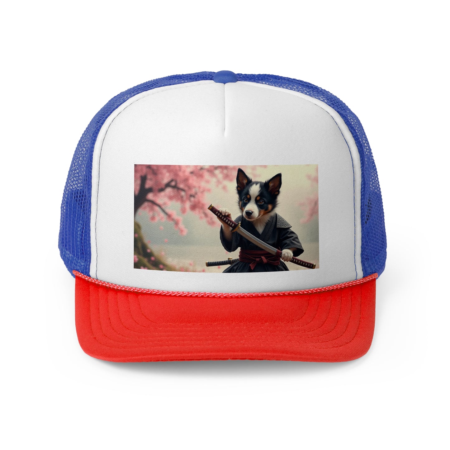 Samurai Puppy Trucker Hat - Japanese Warrior Dog Cap - Cherry Blossom Ninja Baseball Hat
