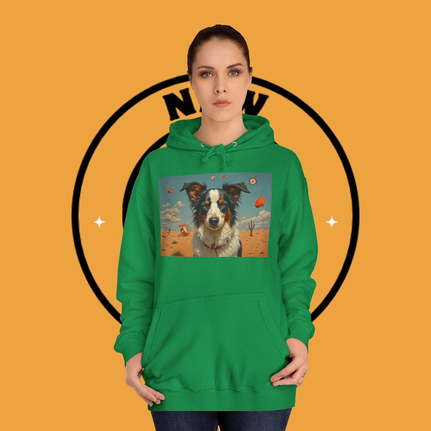 "Surreal Border Collie Time Desert Hoodie - Flying Clocks Artistic Dog Sweatshirt | Dreamlike Fantasy Design"