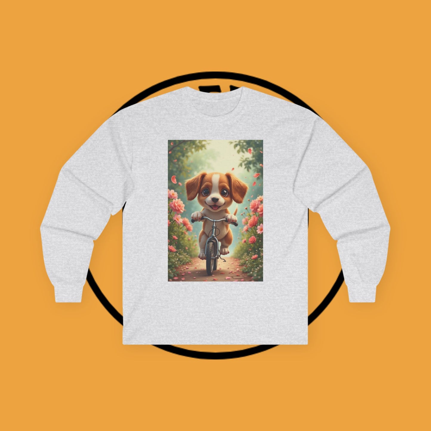 Happy Puppy Riding Bike Spring Flowers Long Sleeve Tee Gift