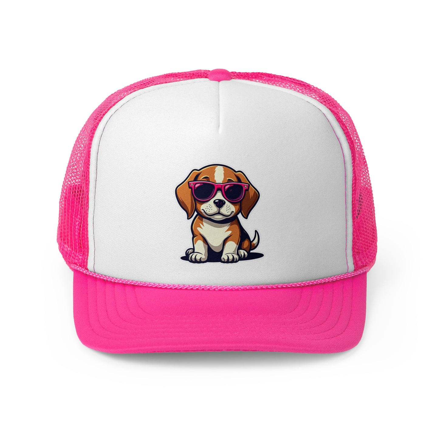Cool Beagle Dog with Pink Sunglasses Trucker Hat | Adjustable Mesh Back Baseball Hat - Adorable Dog Lover Unisex Cap