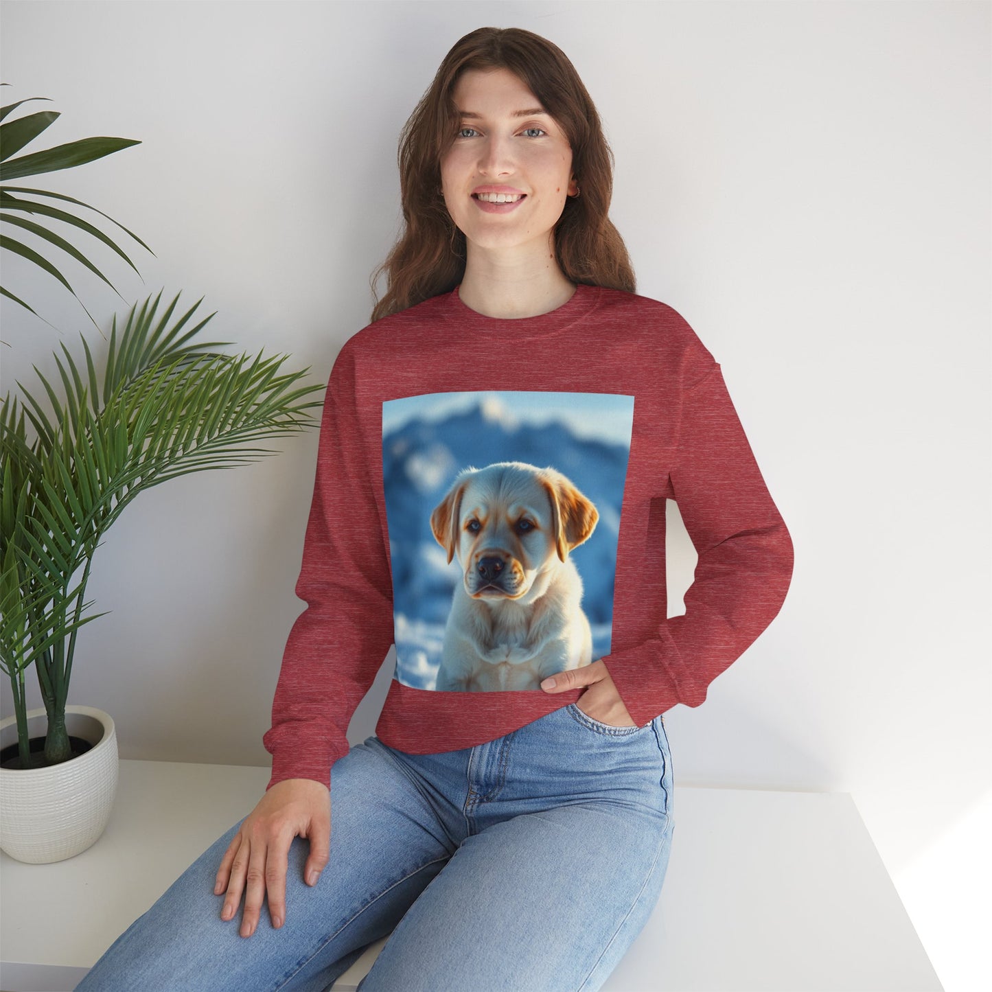 Crewneck Sweatshirt - Cute Labrador Puppy with Blue Eyes - Adorable Dog Portrait in Snow