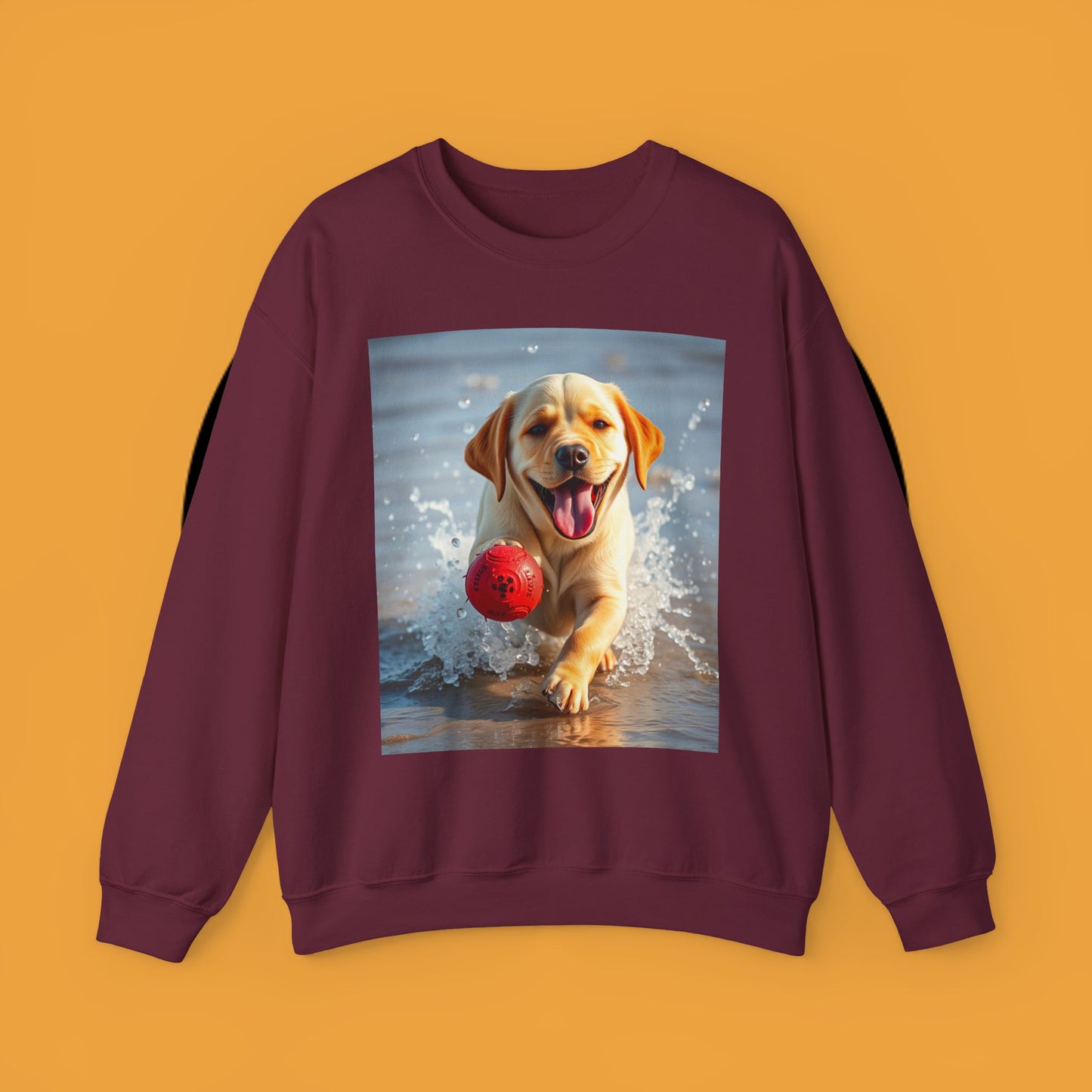 Unisex Dog Lover Crewneck Sweatshirt Labrador Puppy Playing with a Ball on the Beach - Photo of a Happy Dog Running in the Water