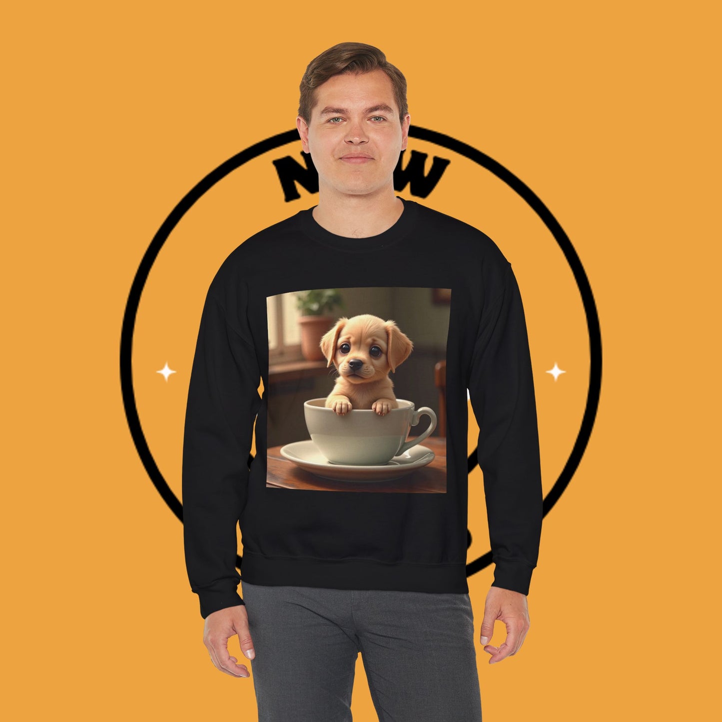Unisex Dog Lover Crewneck Sweatshirt - Teacup Puppy: Adorable Yellow Lab in Coffee Cup