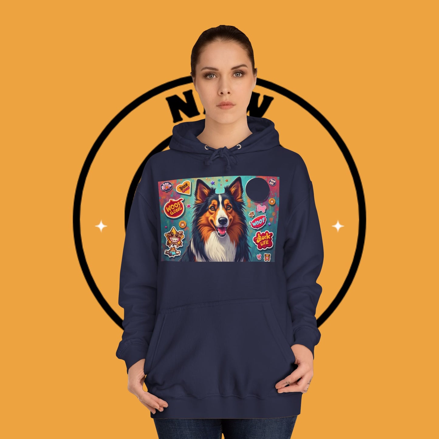 "Dog Sticker Pack Hoodie - Vibrant Collie with Fun Dog Patches Design | Millennial Pet Lover Streetwear"